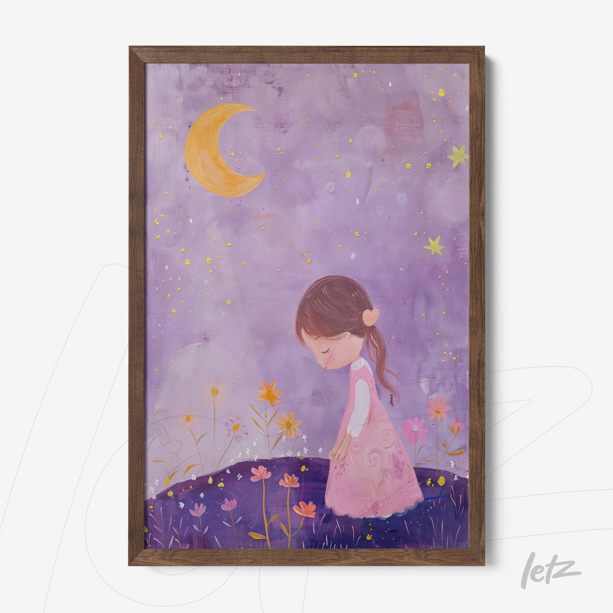 framed artwork of a girl in a pink dress standing under a starry night sky with a crescent moon and colorful flowers in the foreground