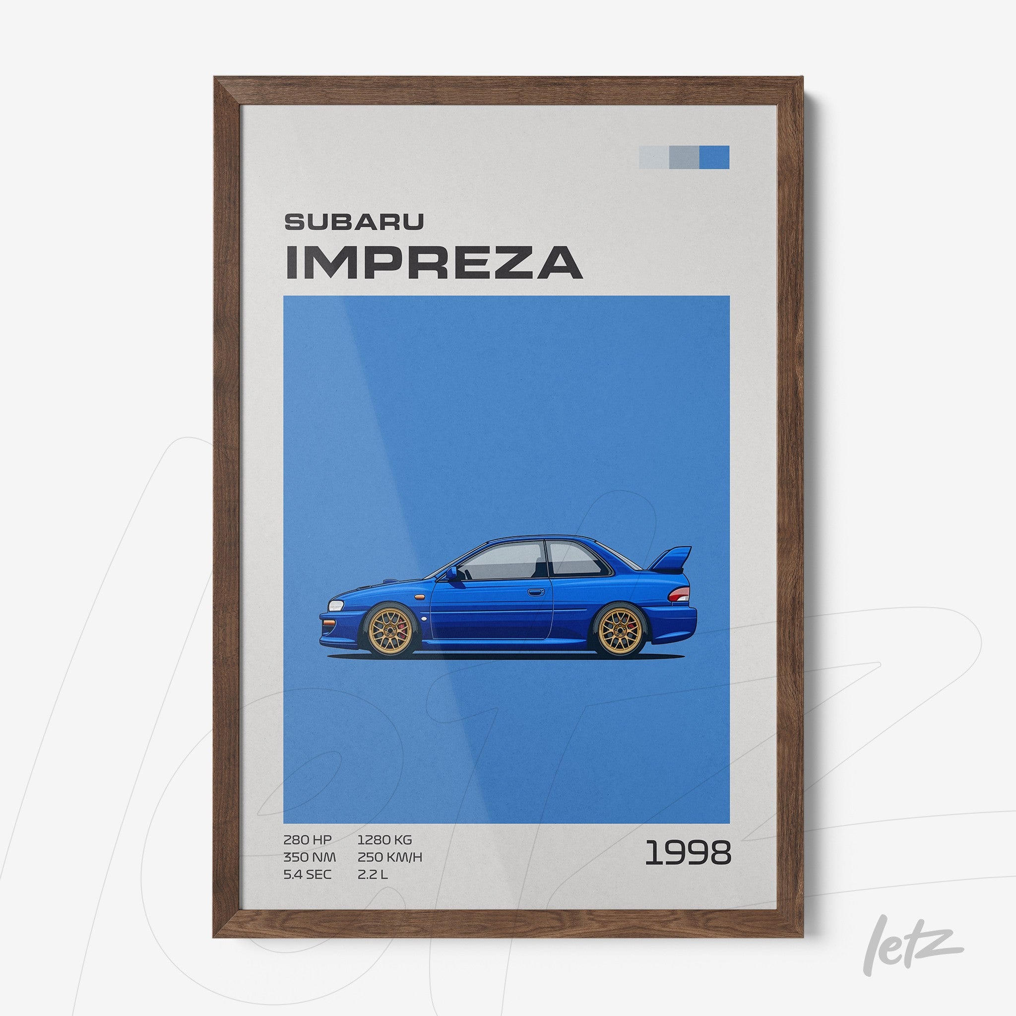 framed art print of a Subaru Impreza illustration on blue background with dark wooden frame