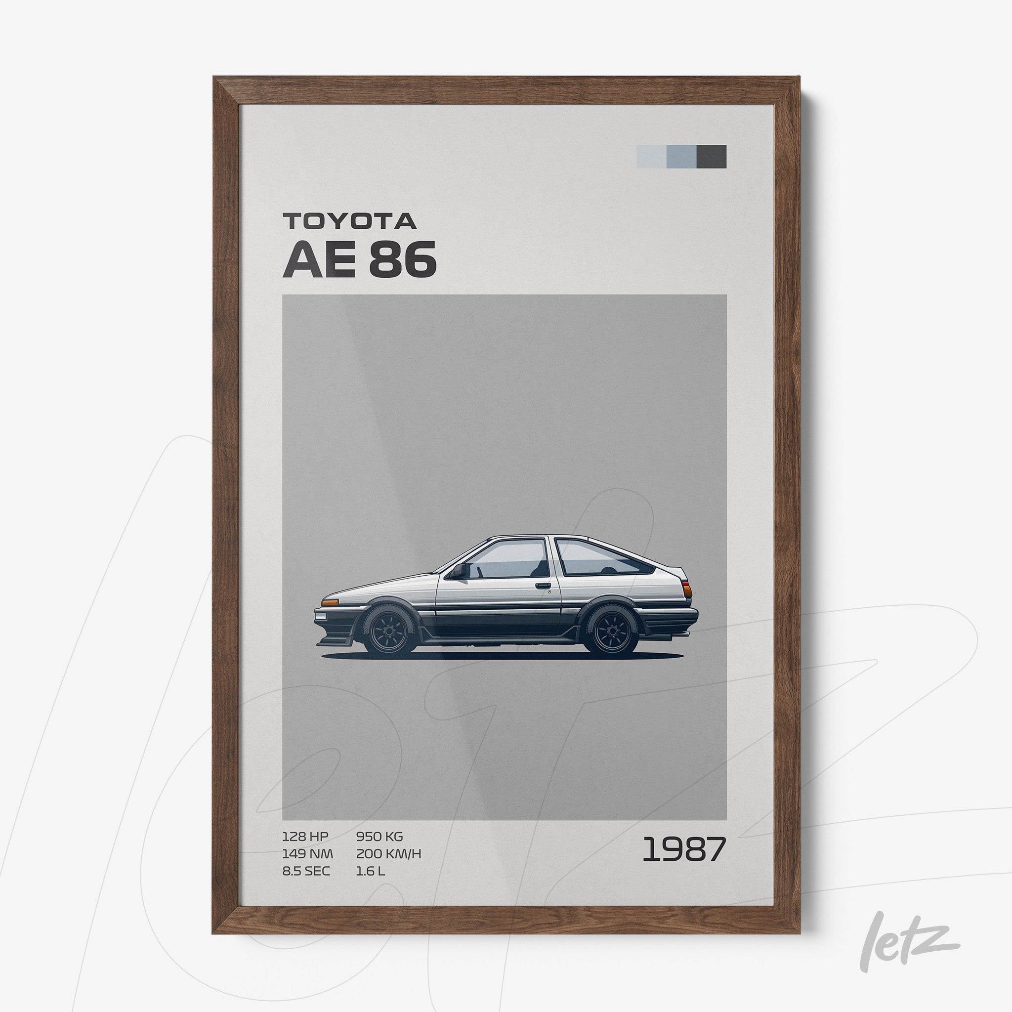 framed minimalist art of the Toyota AE86 car with dark wood frame