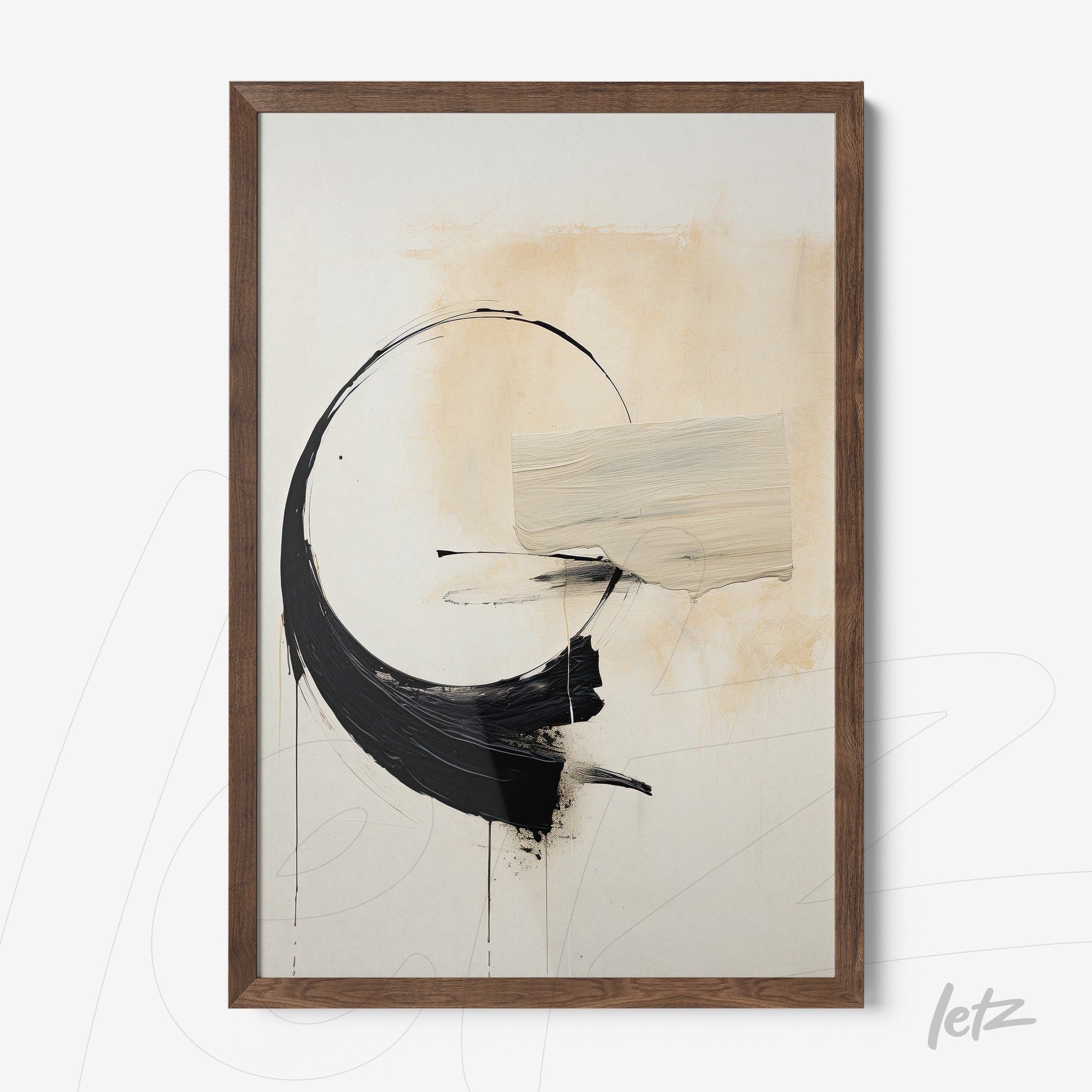 abstract wall art in black and beige with dark wooden frame