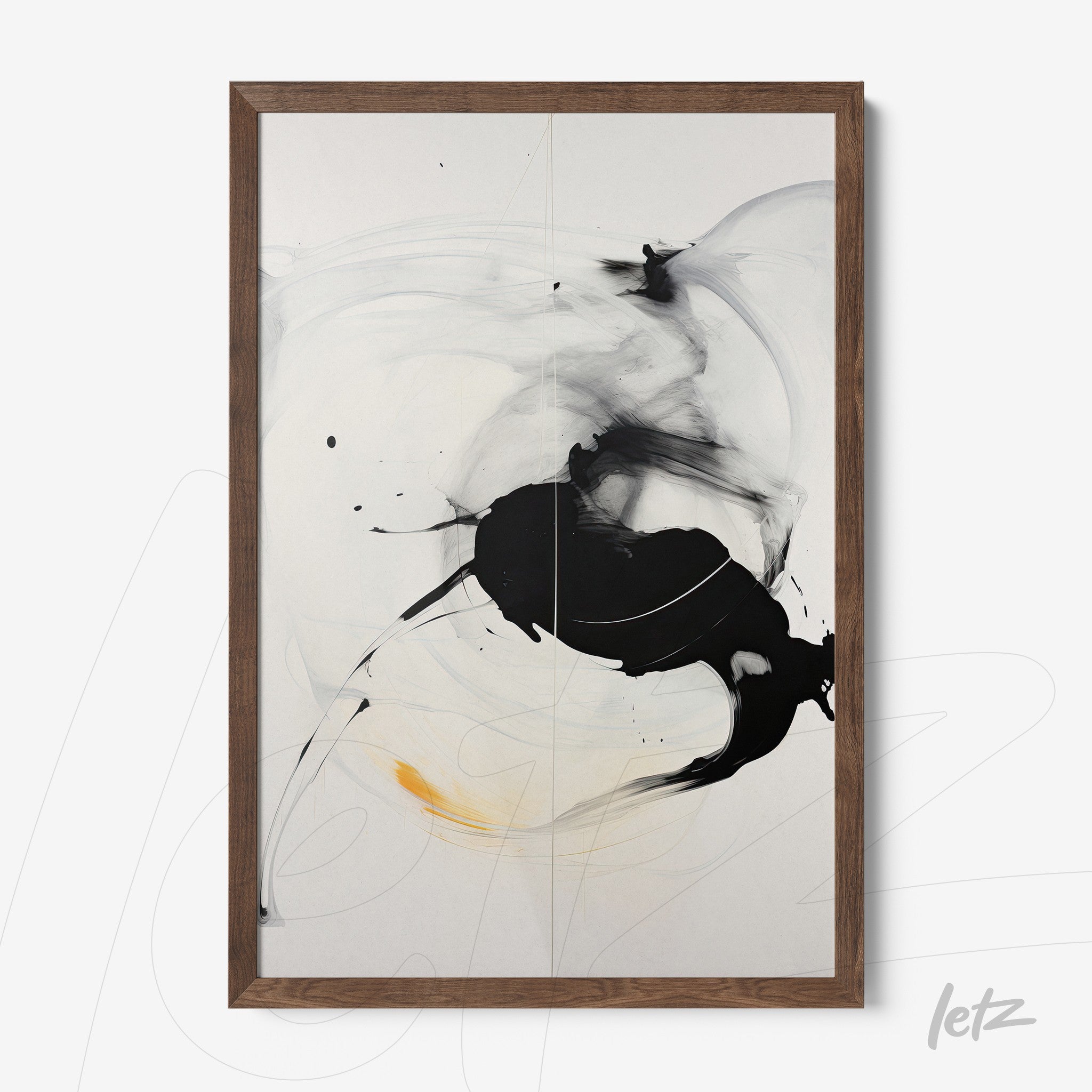 canvas artwork featuring abstract black and white design with curved strokes and a touch of yellow in a dark wood frame