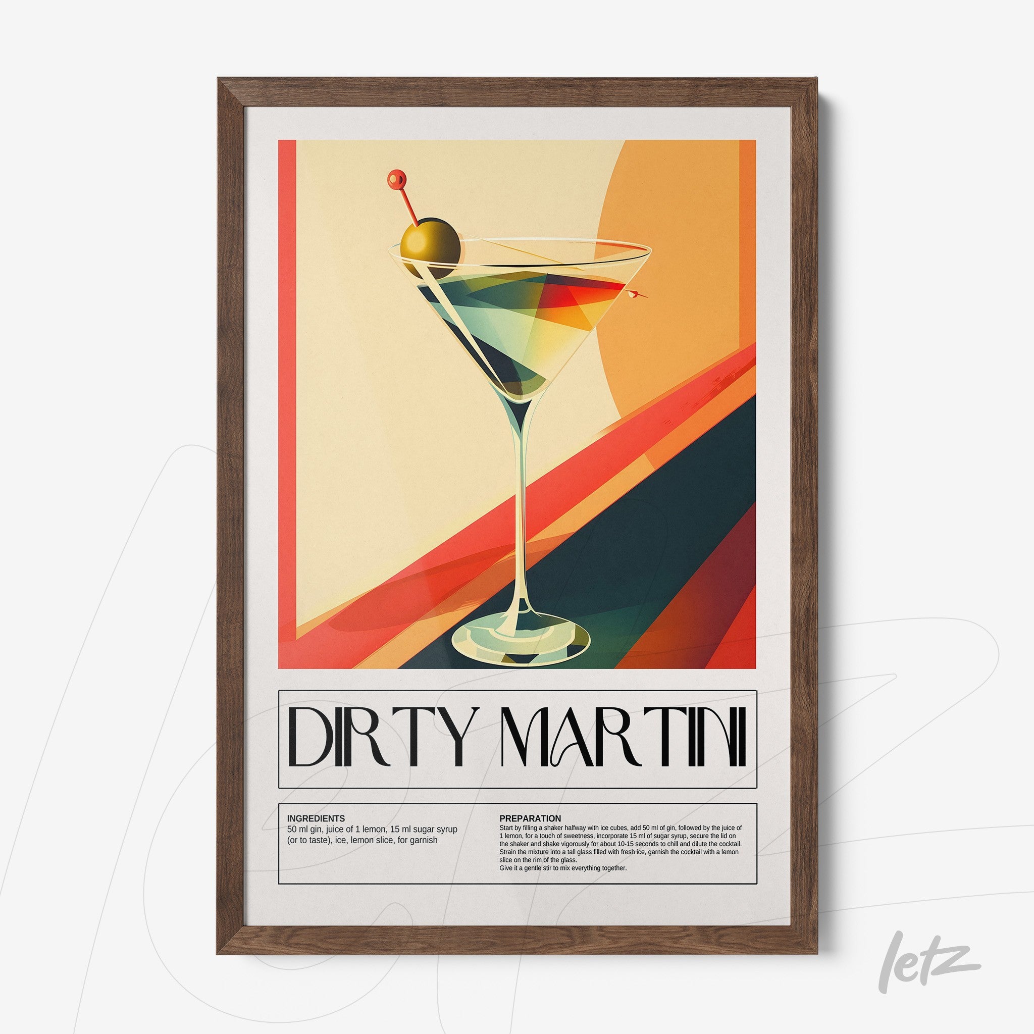 framed geometric art of dirty martini cocktail with dark wooden frame