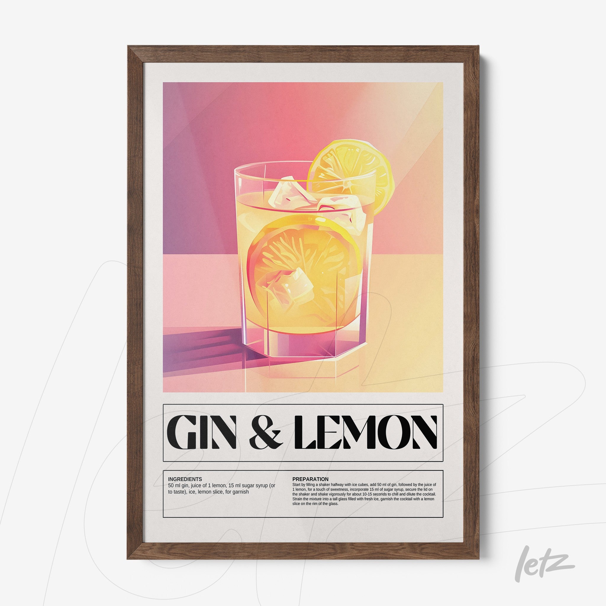 framed wall art of a stylized gin and lemon cocktail illustration with light wood frame