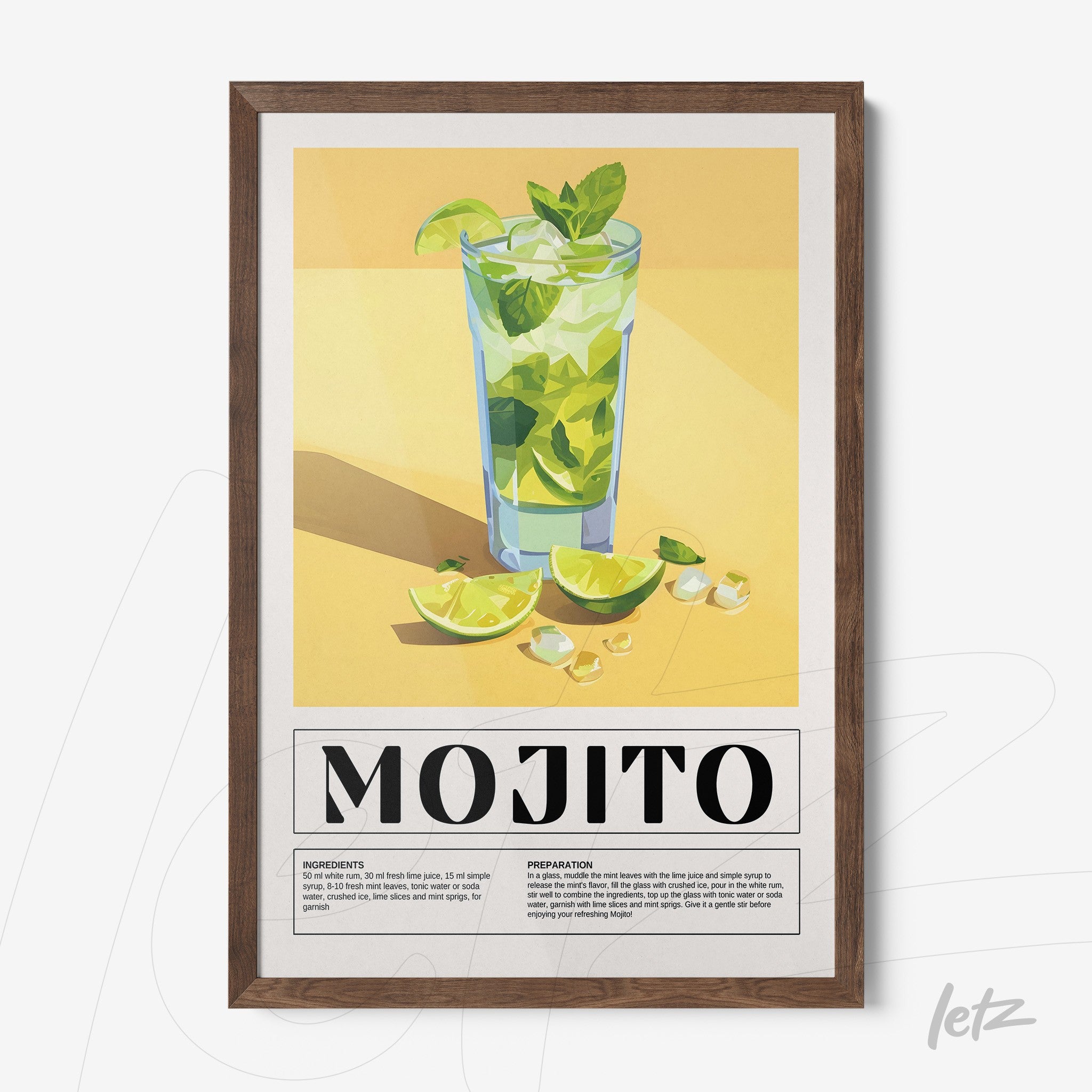 framed wall art of mojito cocktail with dark wood frame