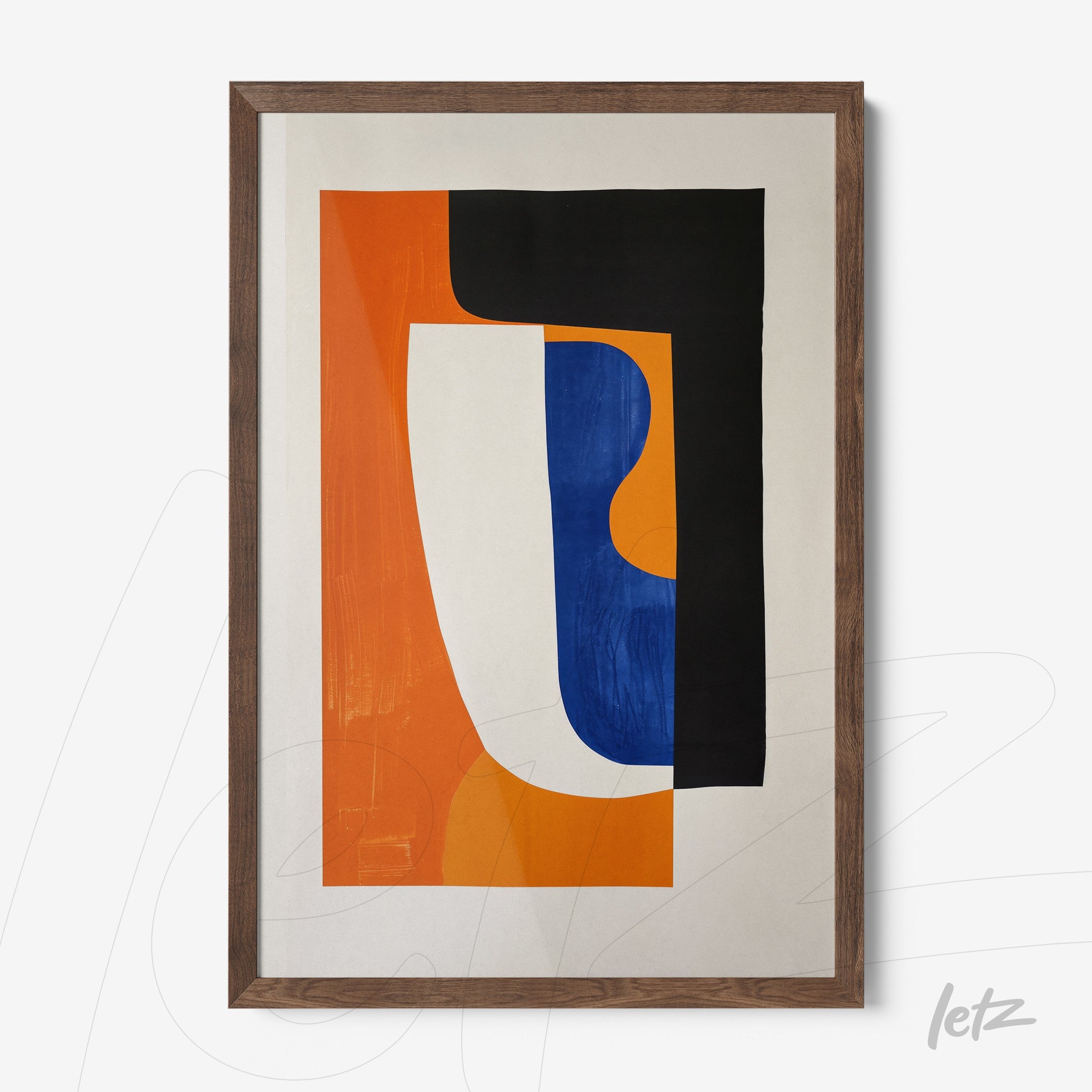 framed abstract art piece featuring vibrant orange, blue, and black colors with a light wood frame