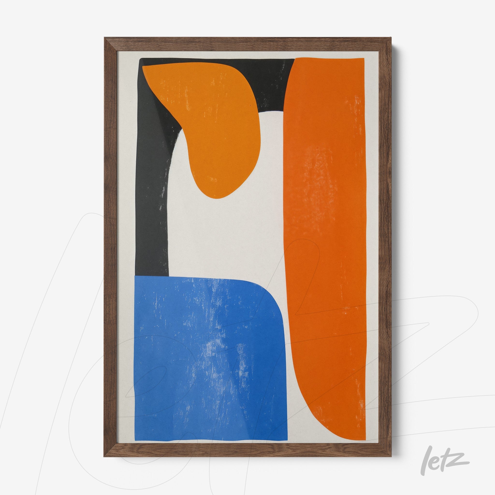 framed abstract wall art featuring geometric shapes in blue, orange, and black with dark wood frame