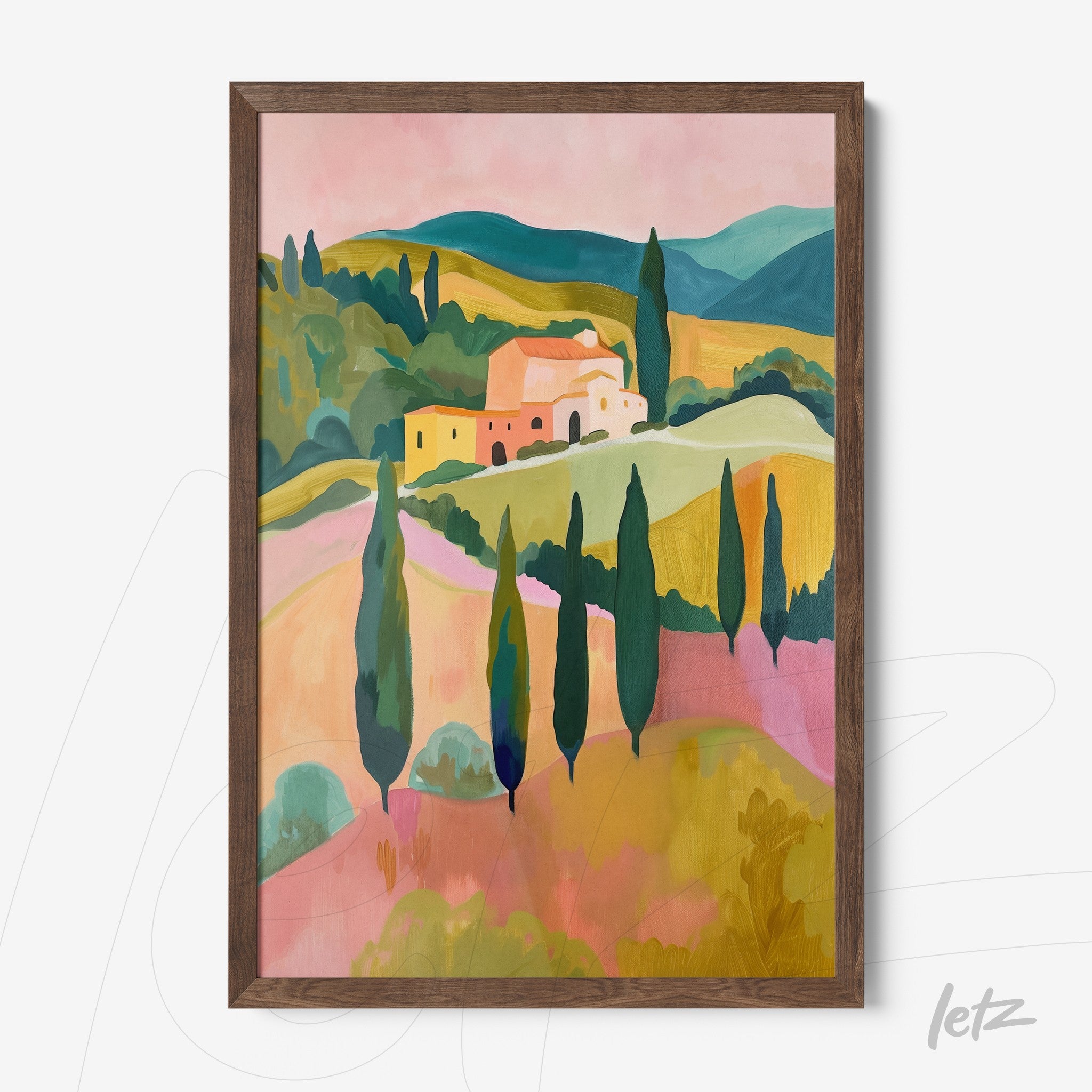 framed artwork depicting colorful hills and cypress trees in dark wood frame