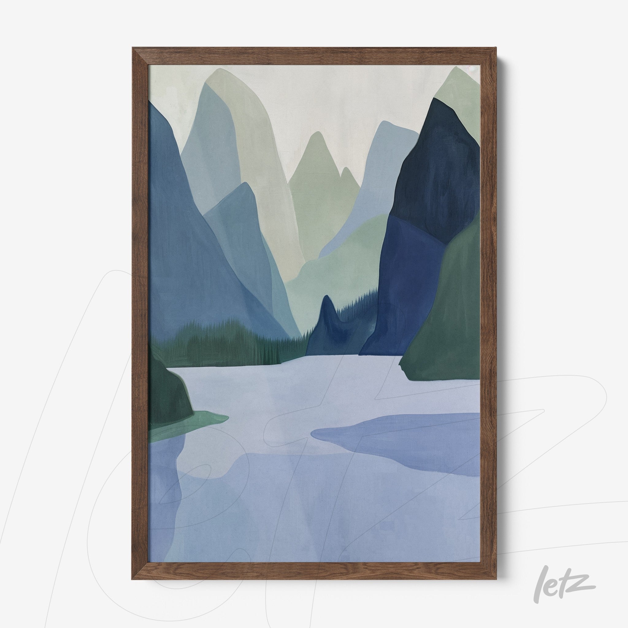 framed wall art featuring abstract mountain landscape in dark wood frame