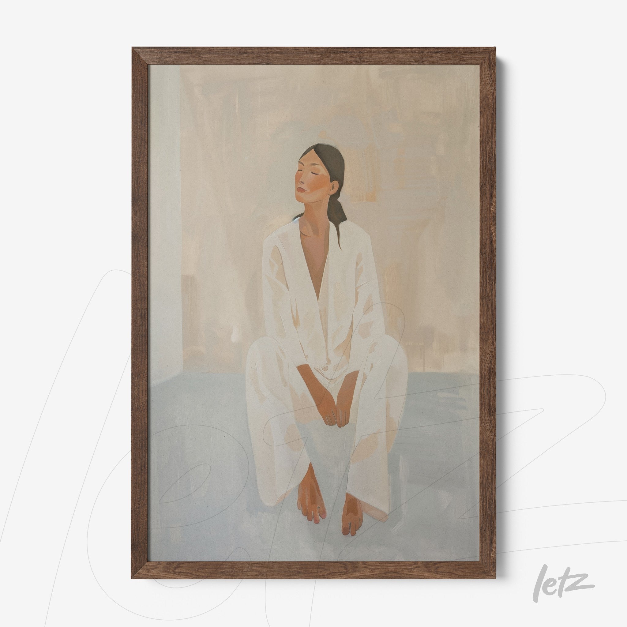 framed artwork depicting a seated woman in white attire with a dark wood frame and a soft background