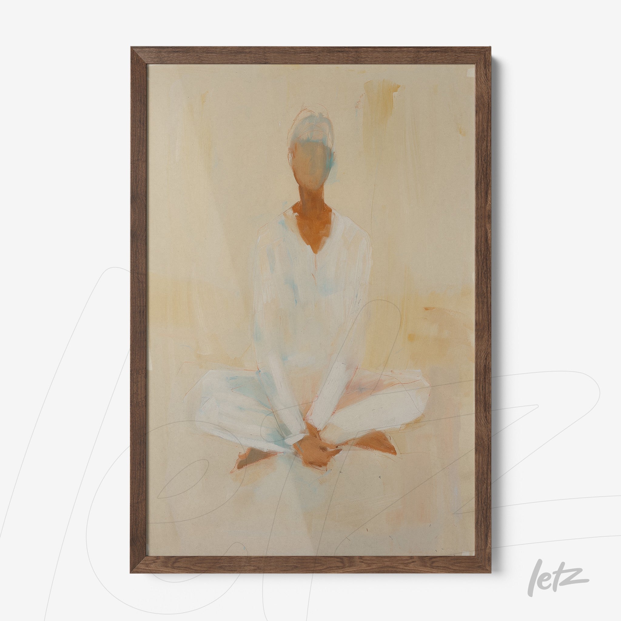 artistic painting of a meditative figure in soft tones with light wood frame