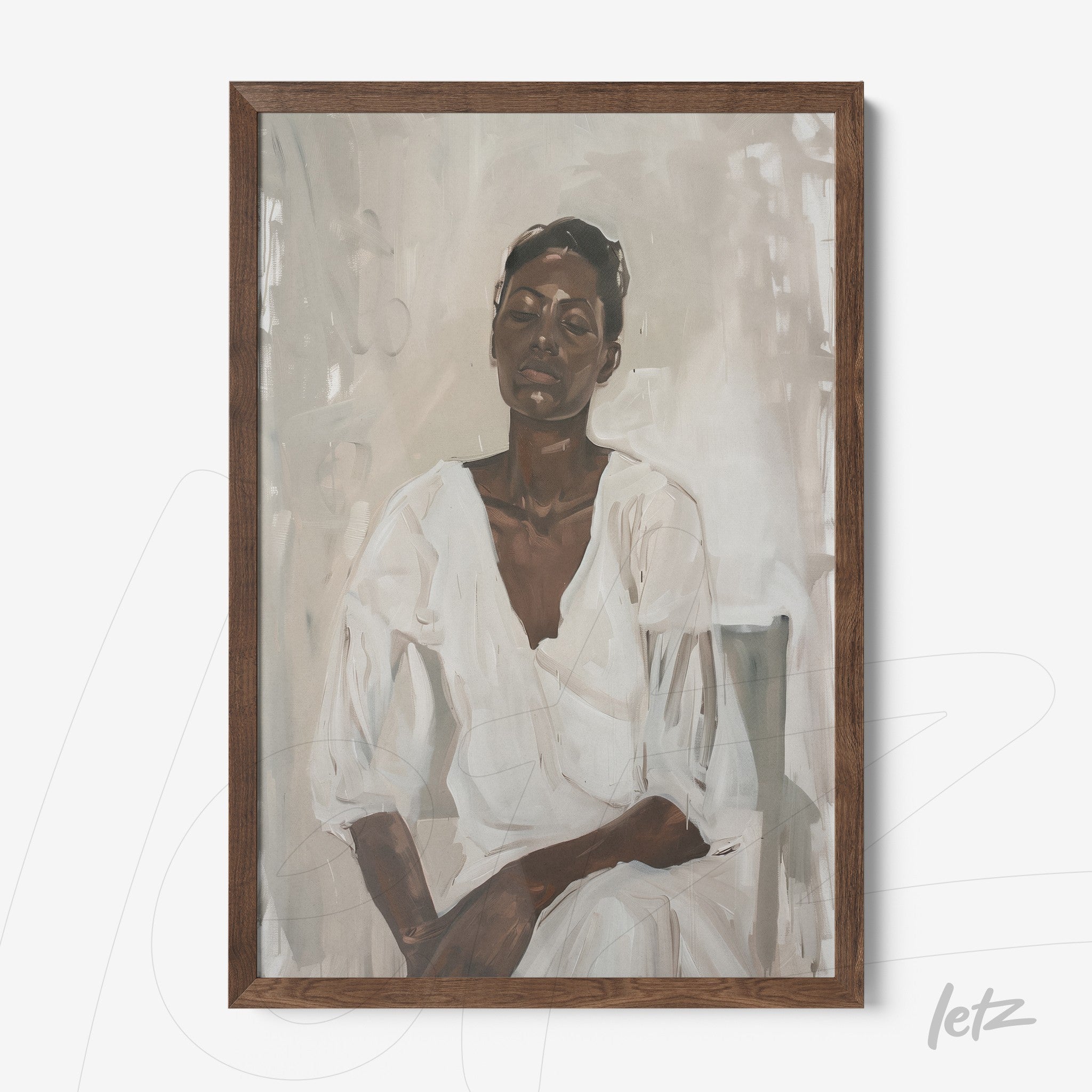 framed art featuring a portrait of a woman in a white dress with a serene expression and dark wood frame