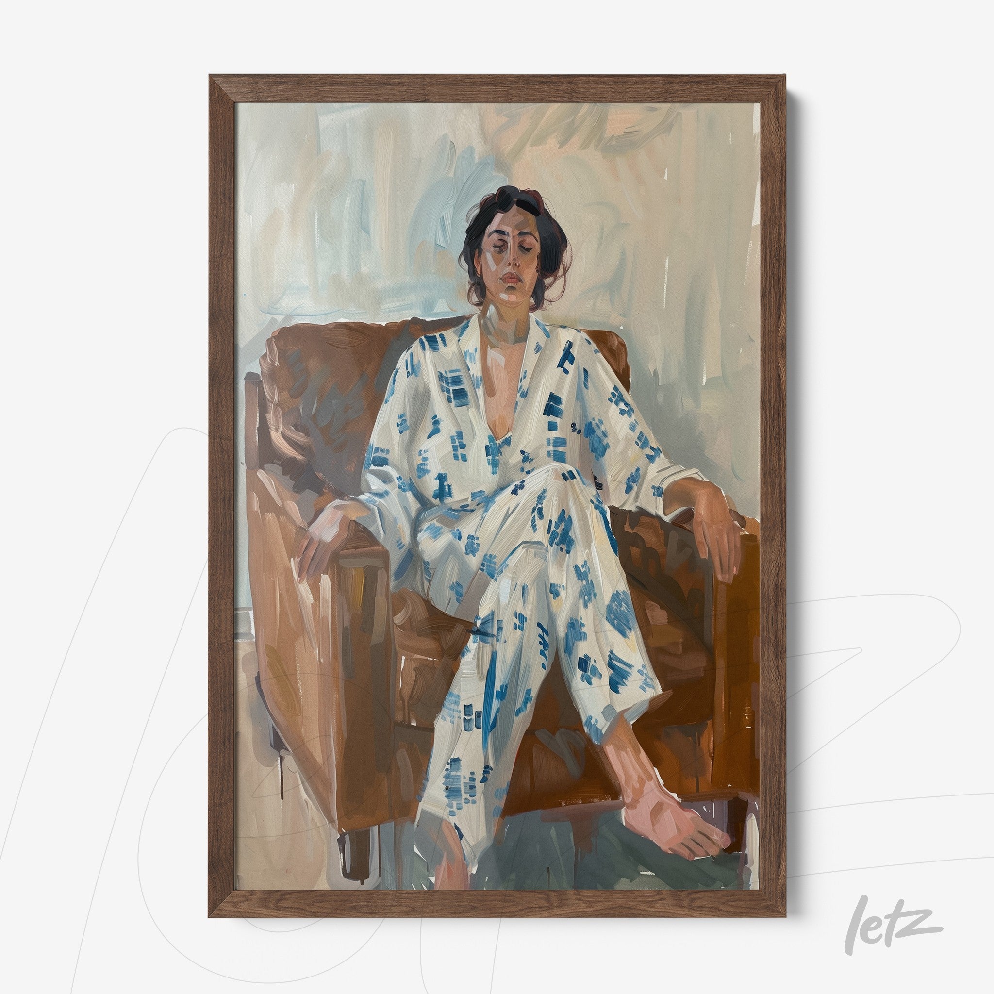 framed expressionist art of a woman in white pajamas with blue patterns seated on a brown sofa