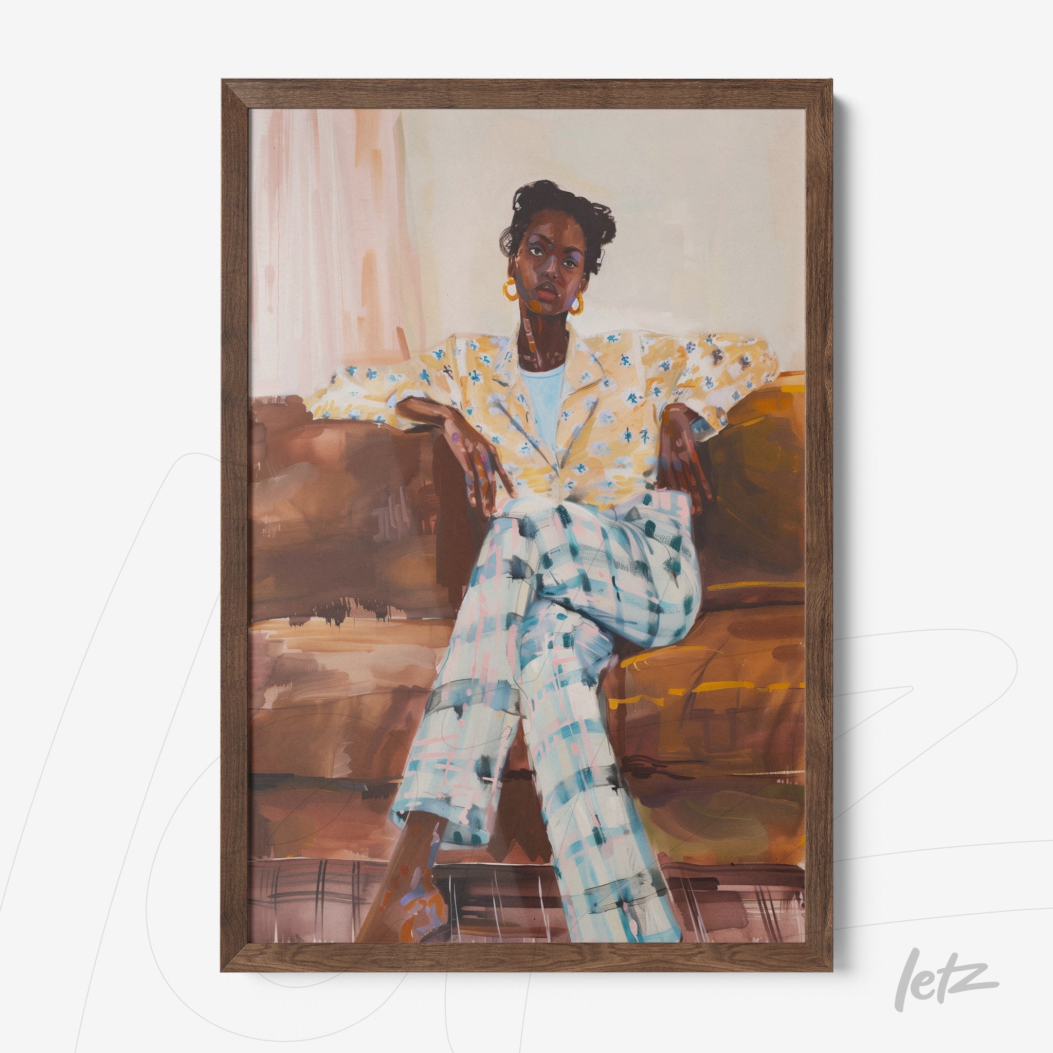 framed portrait of a woman sitting on a sofa, wearing a yellow floral blazer and checkered pants