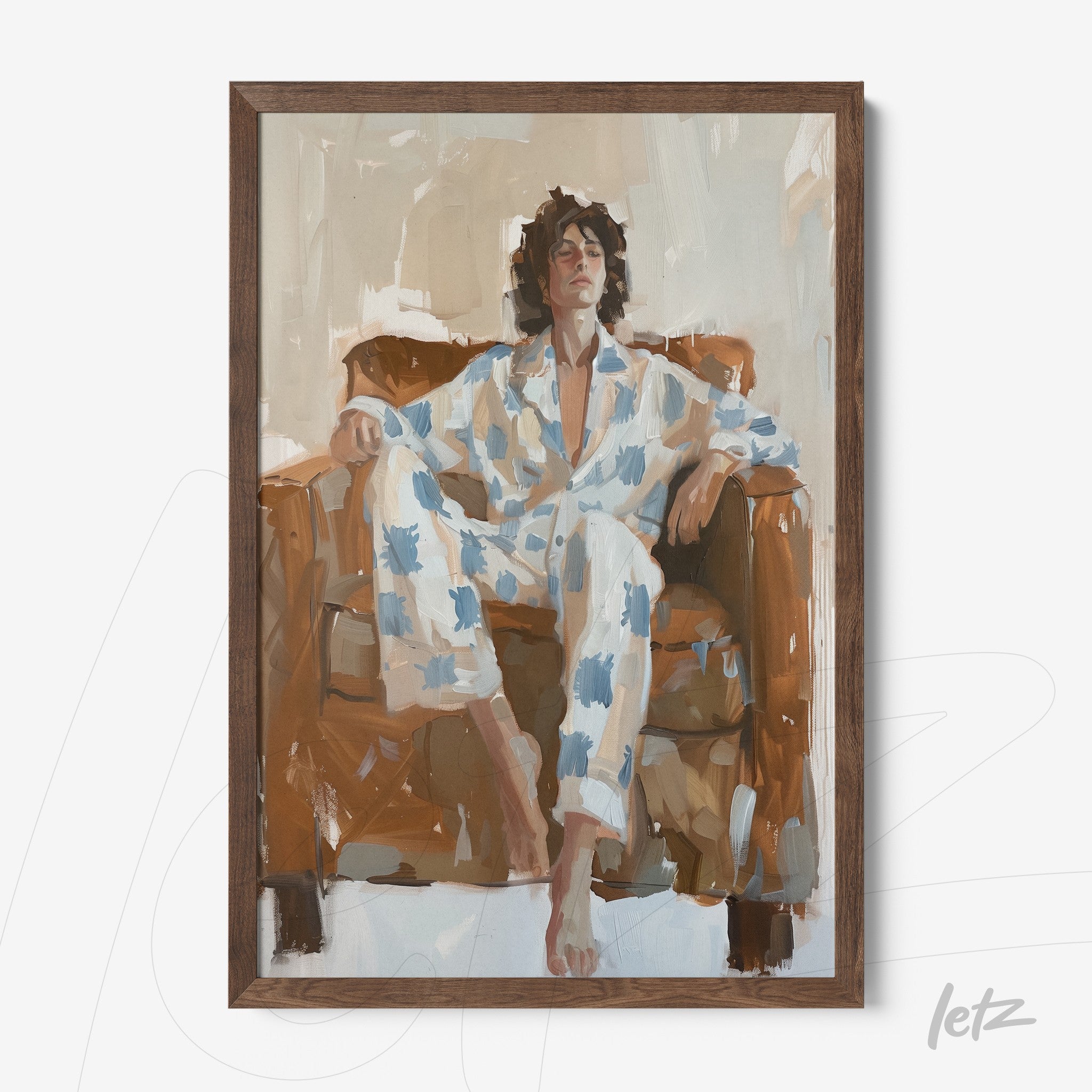 framed artwork of a man lounging on a sofa, dressed in a blue and white patterned pajama, light wood frame