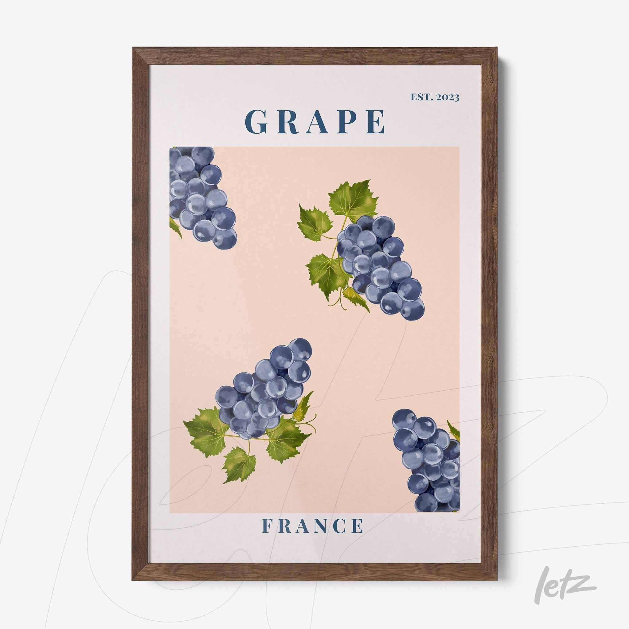 framed wall art featuring illustrations of grape clusters on pink background with dark wood frame
