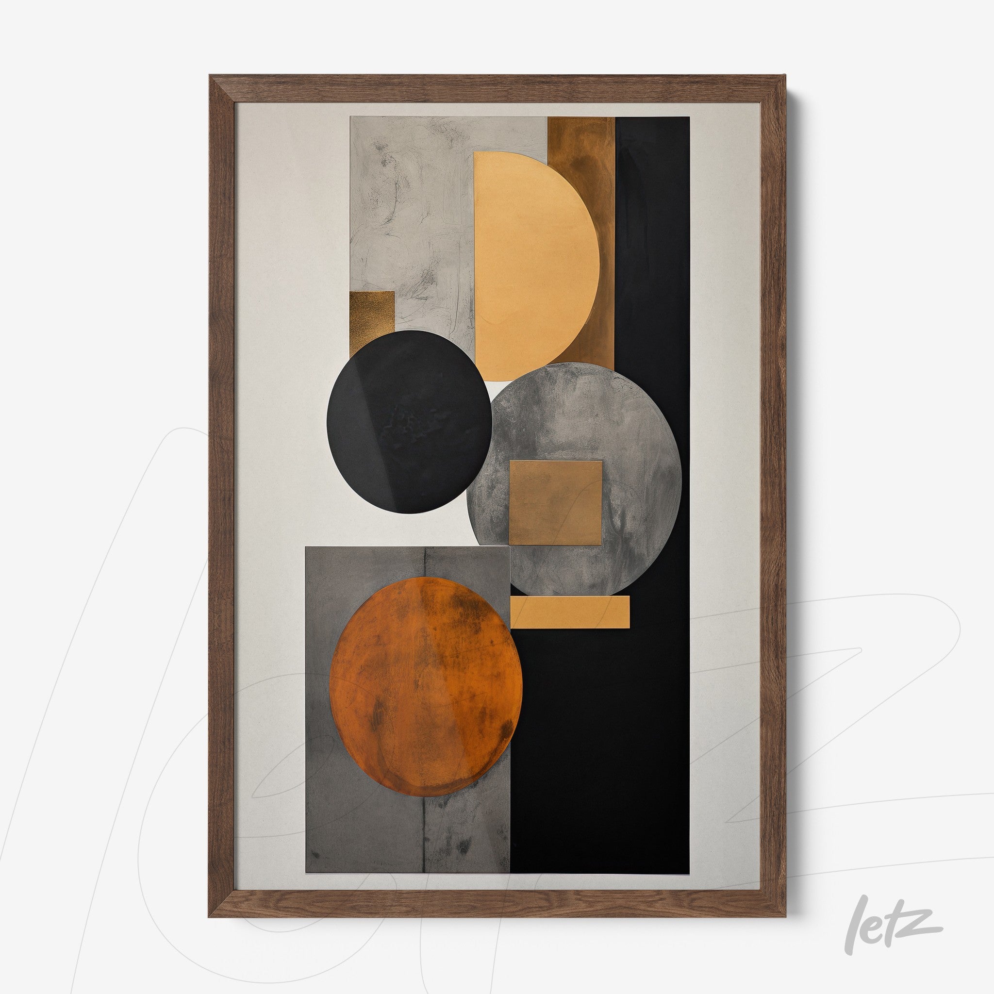 framed artwork featuring an abstract composition of geometric shapes in shades of orange, gray, and black with a light wood frame