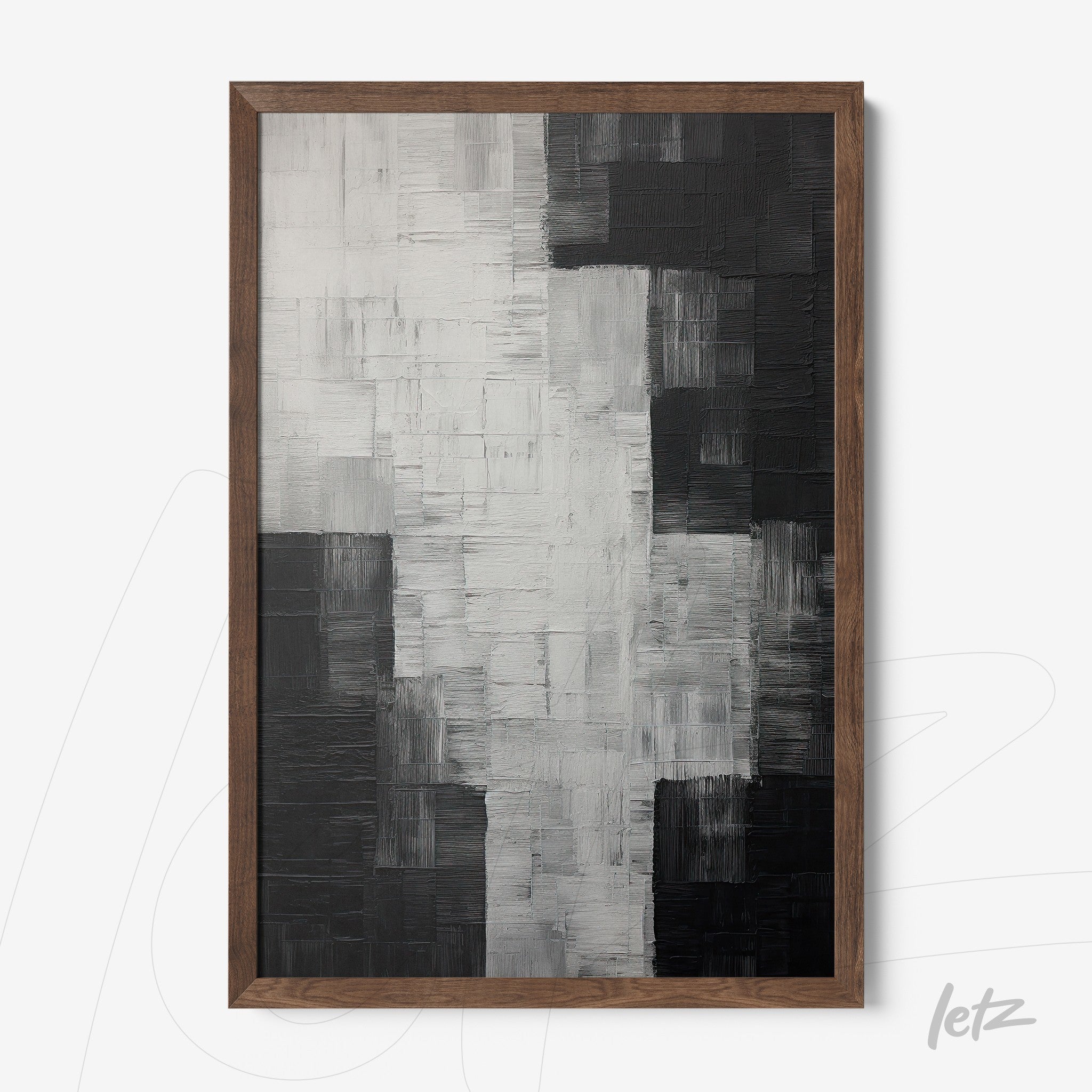 abstract black and white artwork with textured brushstrokes in a dark wood frame