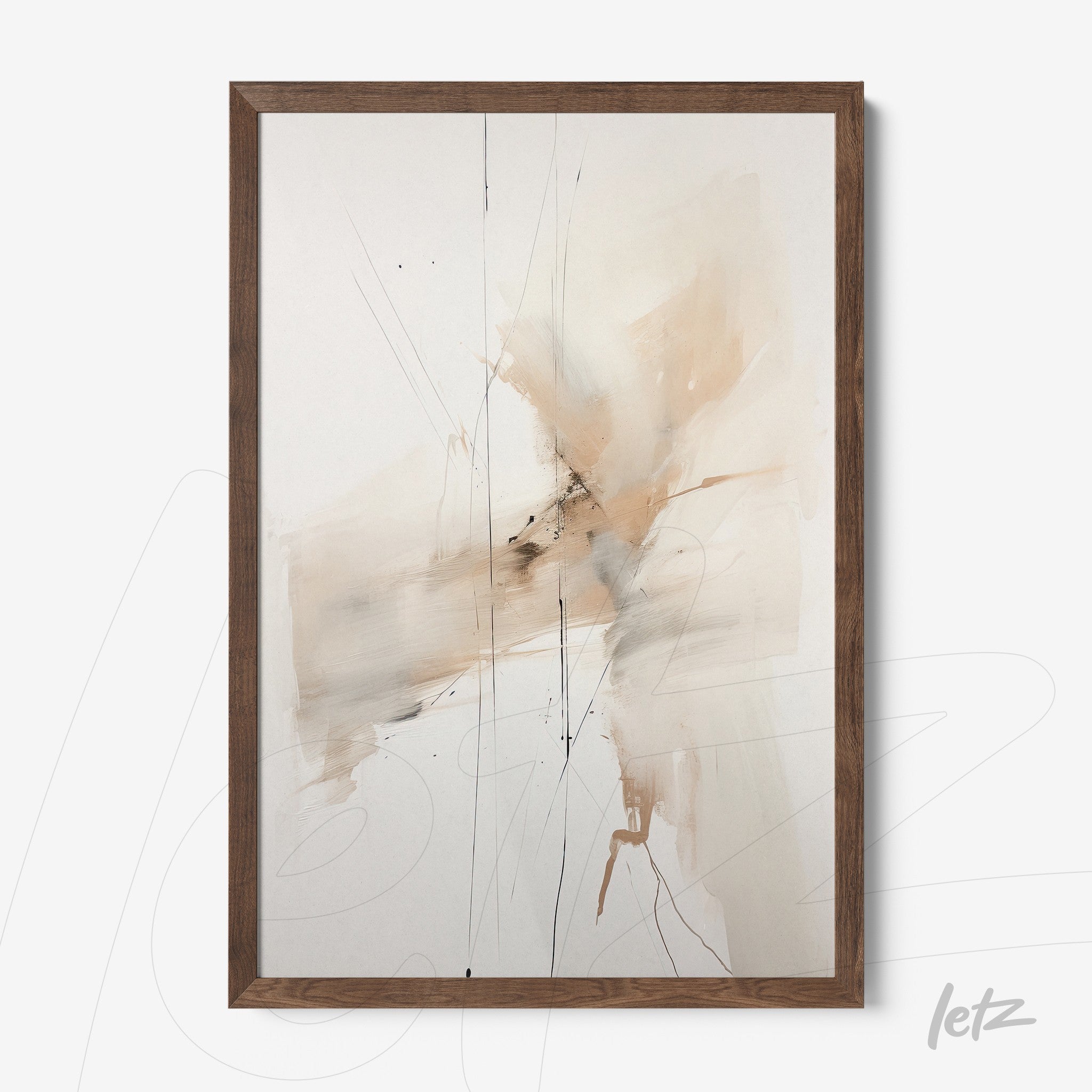 abstract artwork in neutral tones with brown details, framed in dark wood