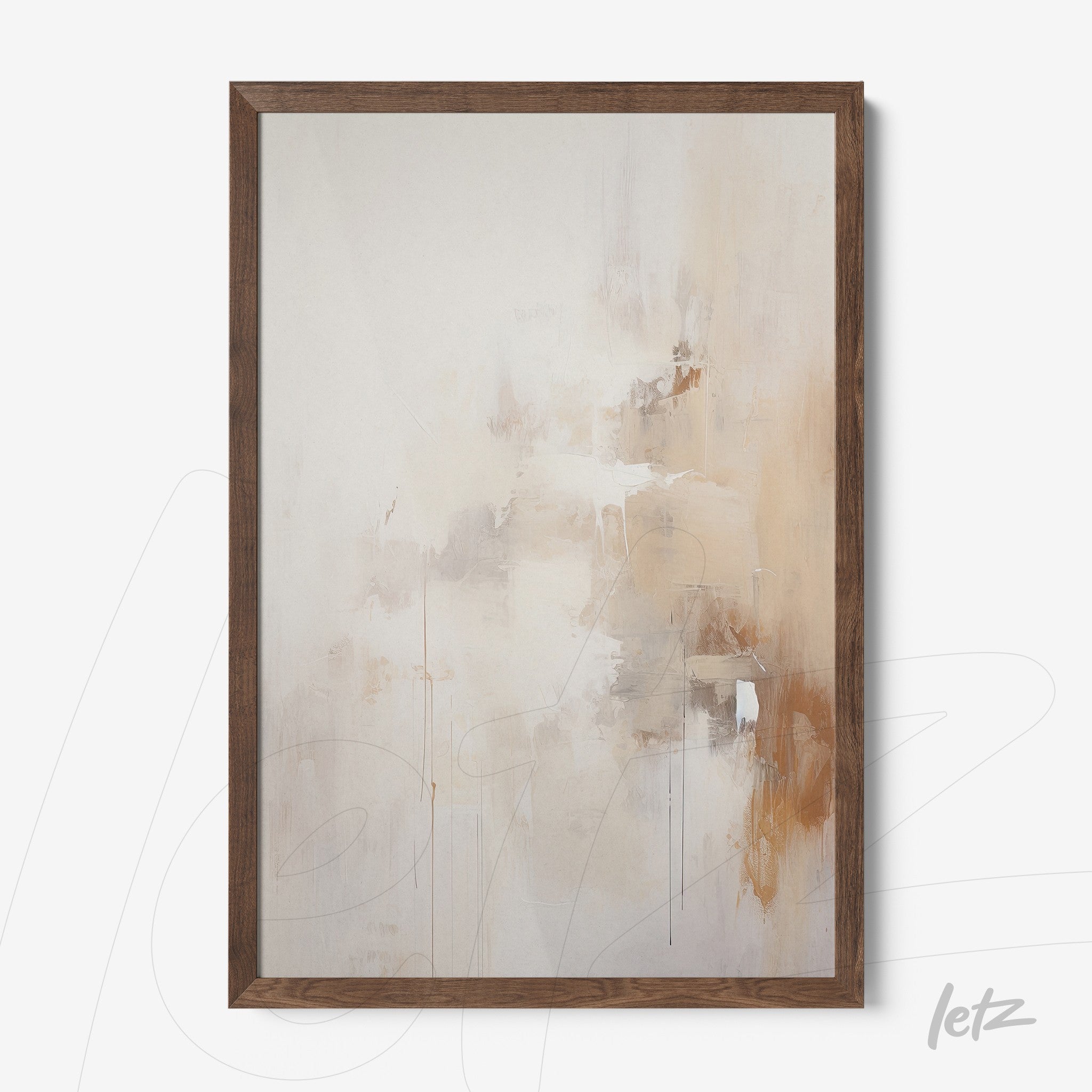 framed wall art featuring abstract painting in neutral tones with dark wooden frame