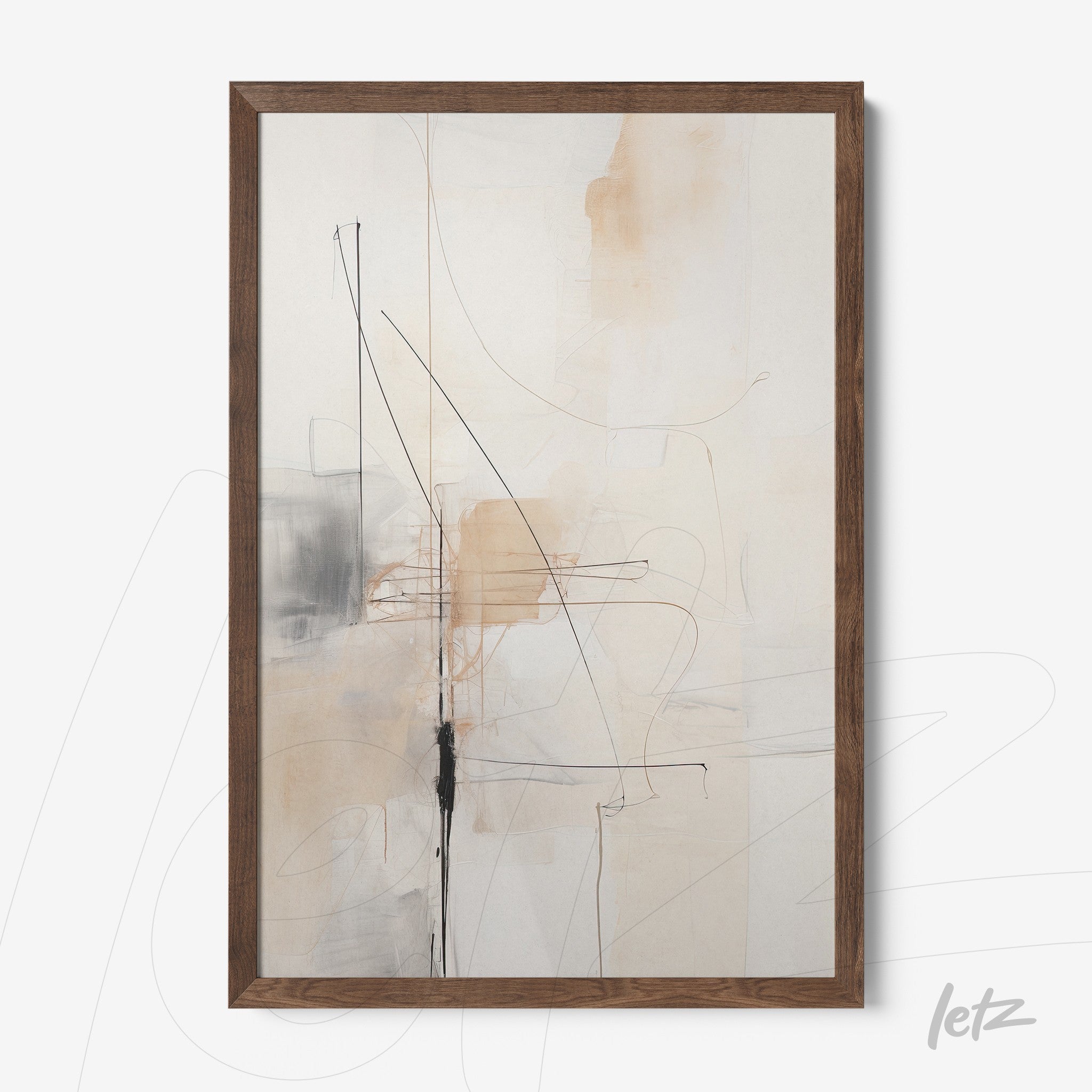 abstract art featuring black lines and soft beige tones in a dark wood frame