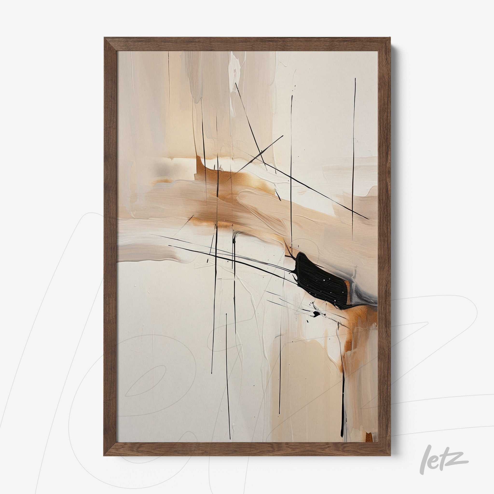 abstract art piece featuring organic shapes in beige and black, framed in dark wood