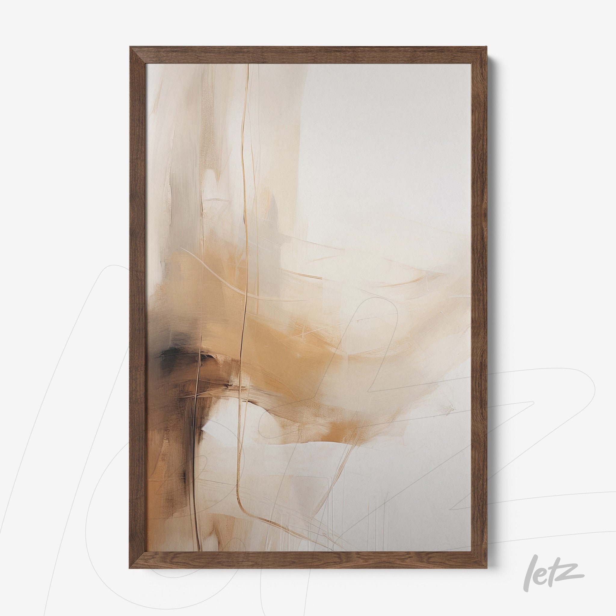 abstract wall art in shades of beige and brown, featuring a dark wood frame
