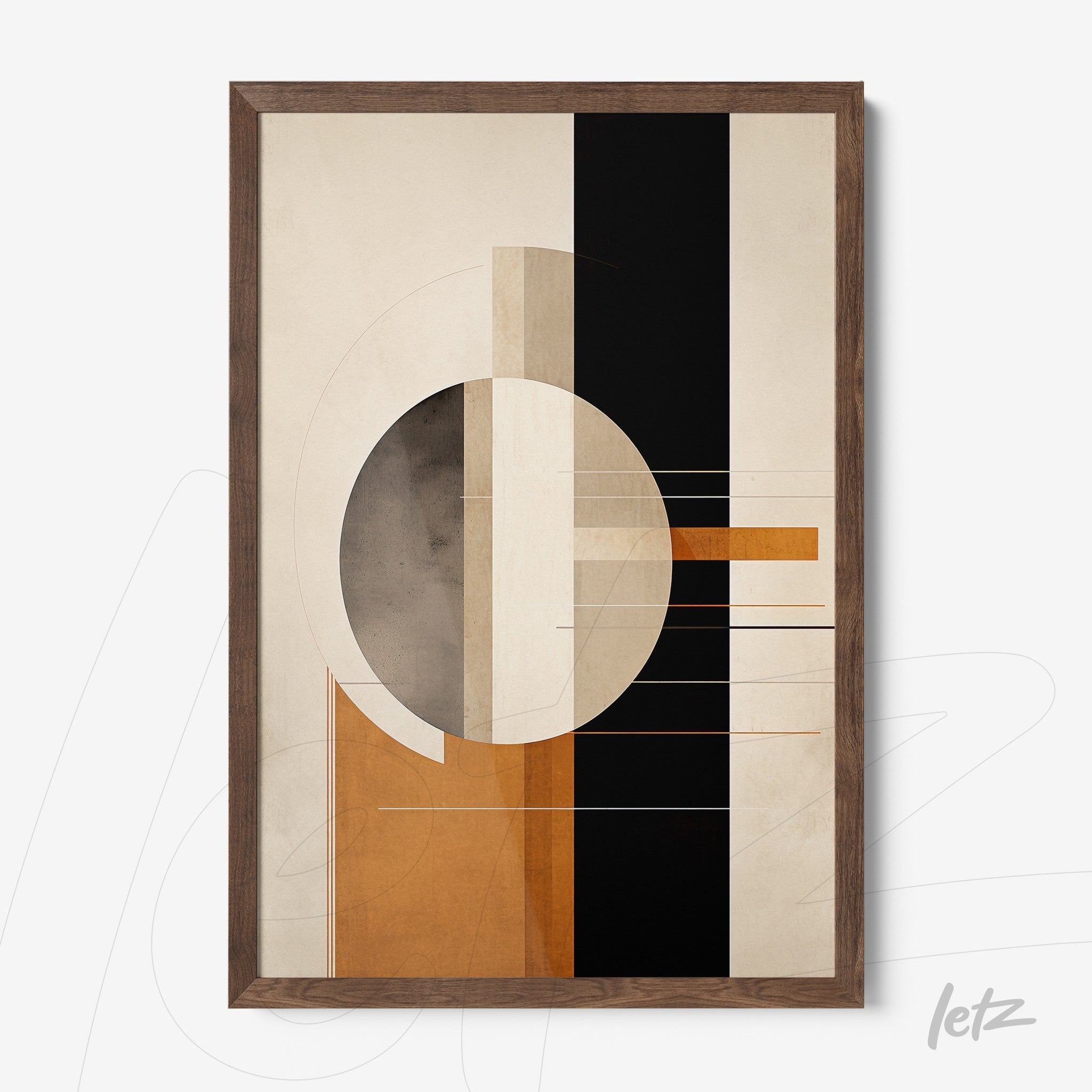 framed wall art featuring geometric design in earthy tones and black with dark wooden frame