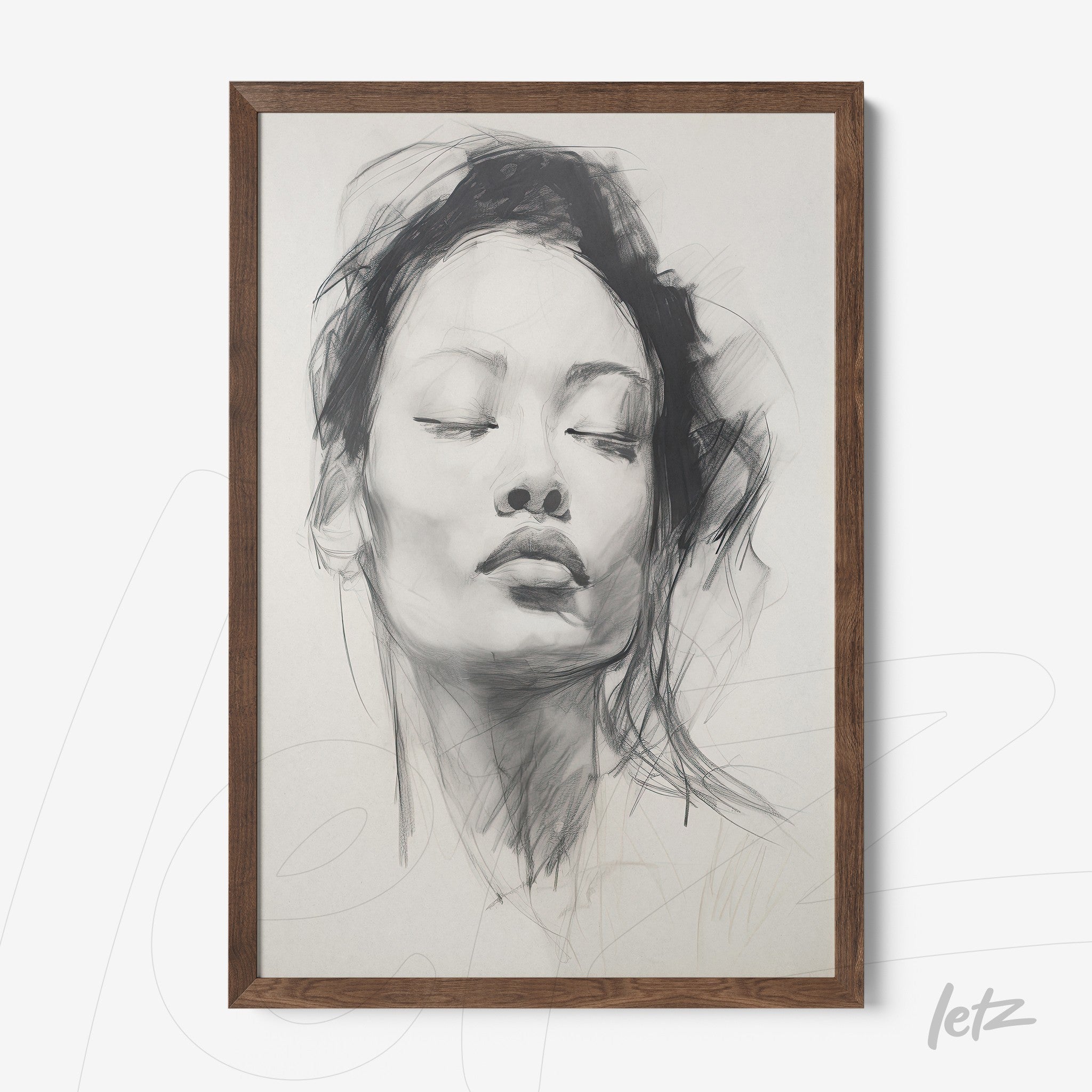 framed artwork in wooden frame featuring minimalist portrait of a serene woman