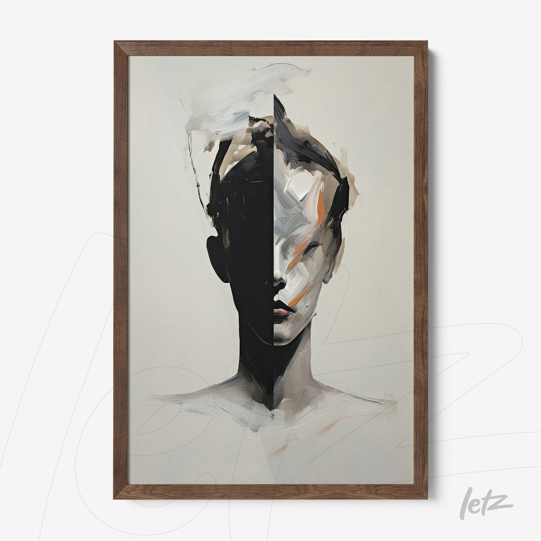 abstract wall art depicting a divided face in neutral colors with light wooden frame
