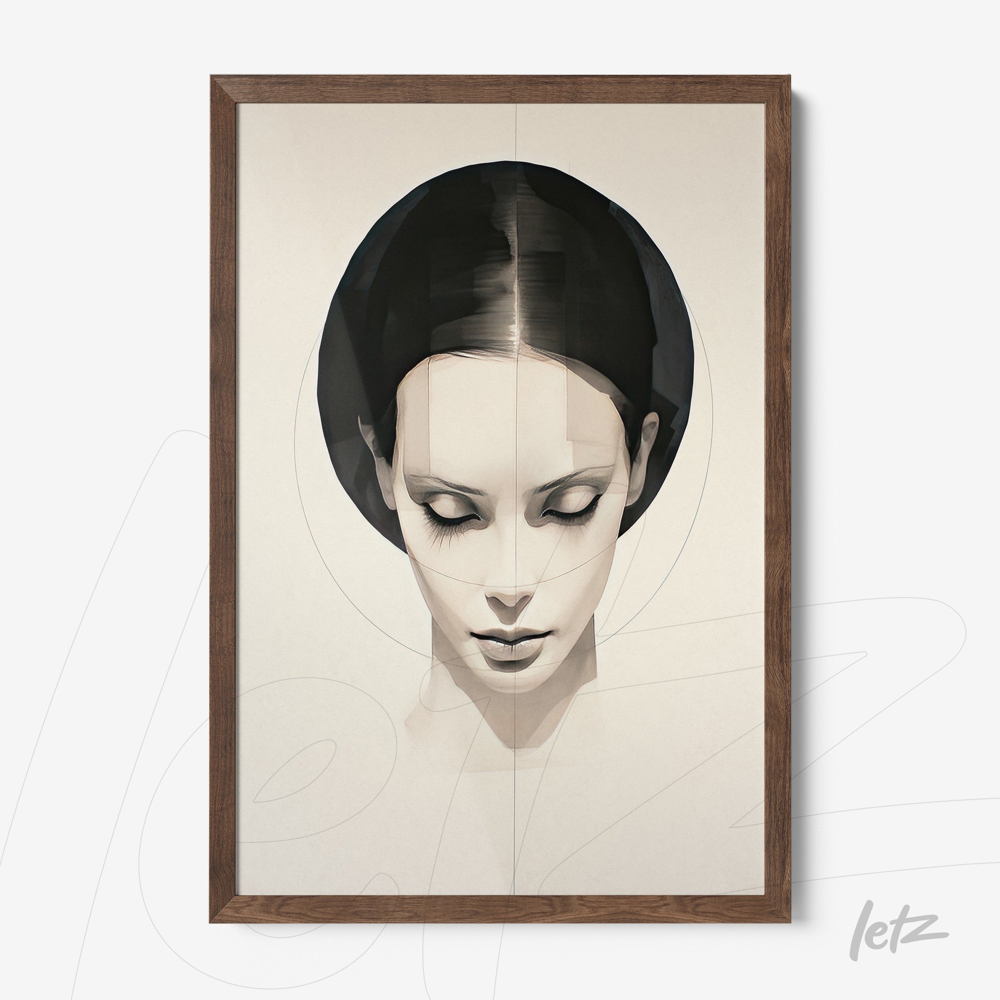 framed wall art featuring a minimalist portrait of a woman with black hair in a dark wooden frame