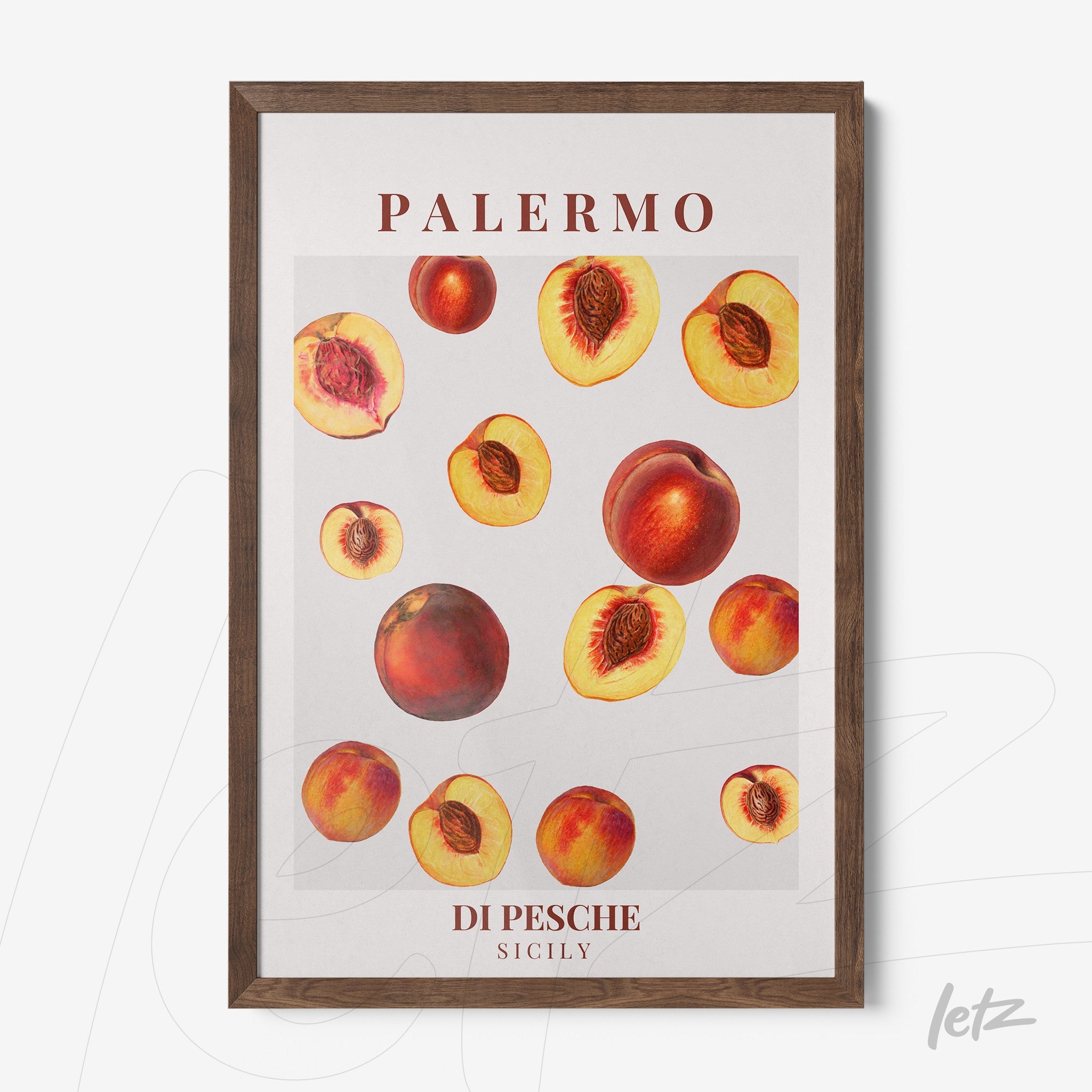 framed art featuring colorful illustrations of peaches on a white background with dark wood frame