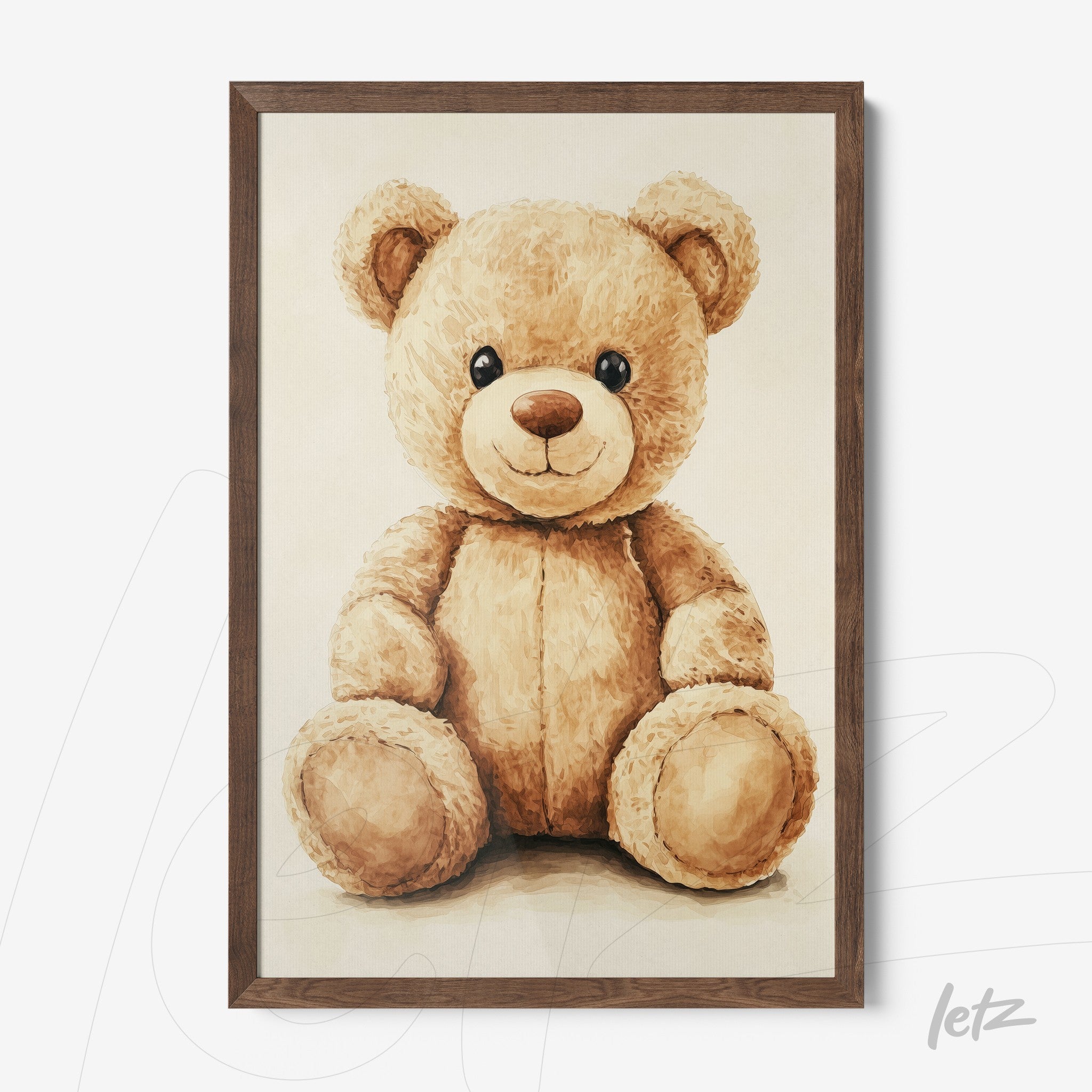 decorative frame featuring a light brown teddy bear with a dark wood frame