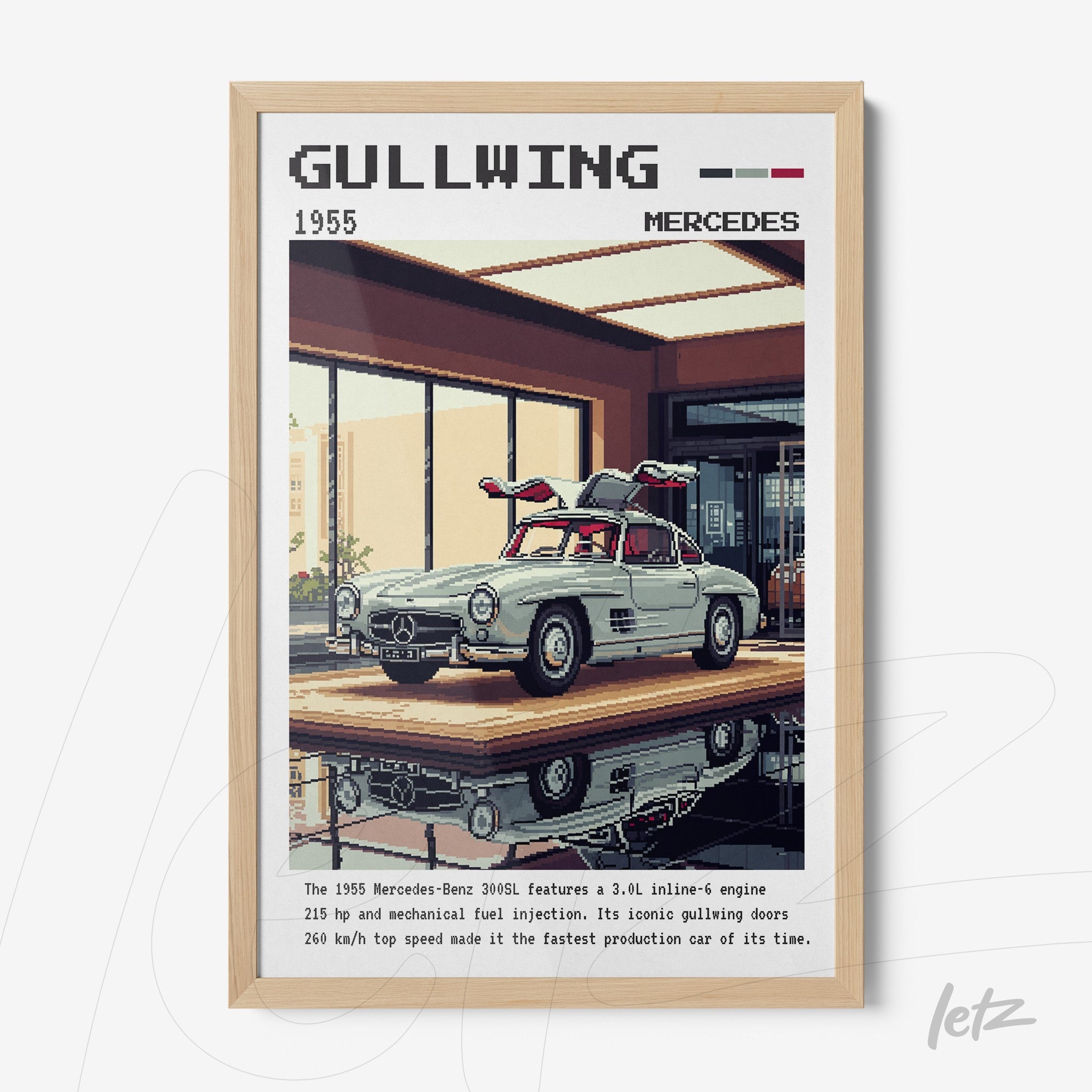 vintage style wall art of a Mercedes-Benz 300SL Gullwing in a light wood frame with a minimalist background