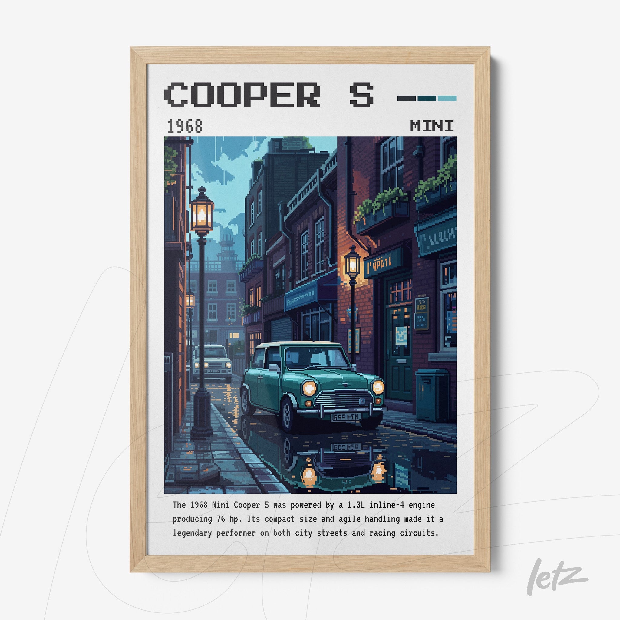 digital art print of a 1968 Mini Cooper S on a London street illuminated by street lamps
