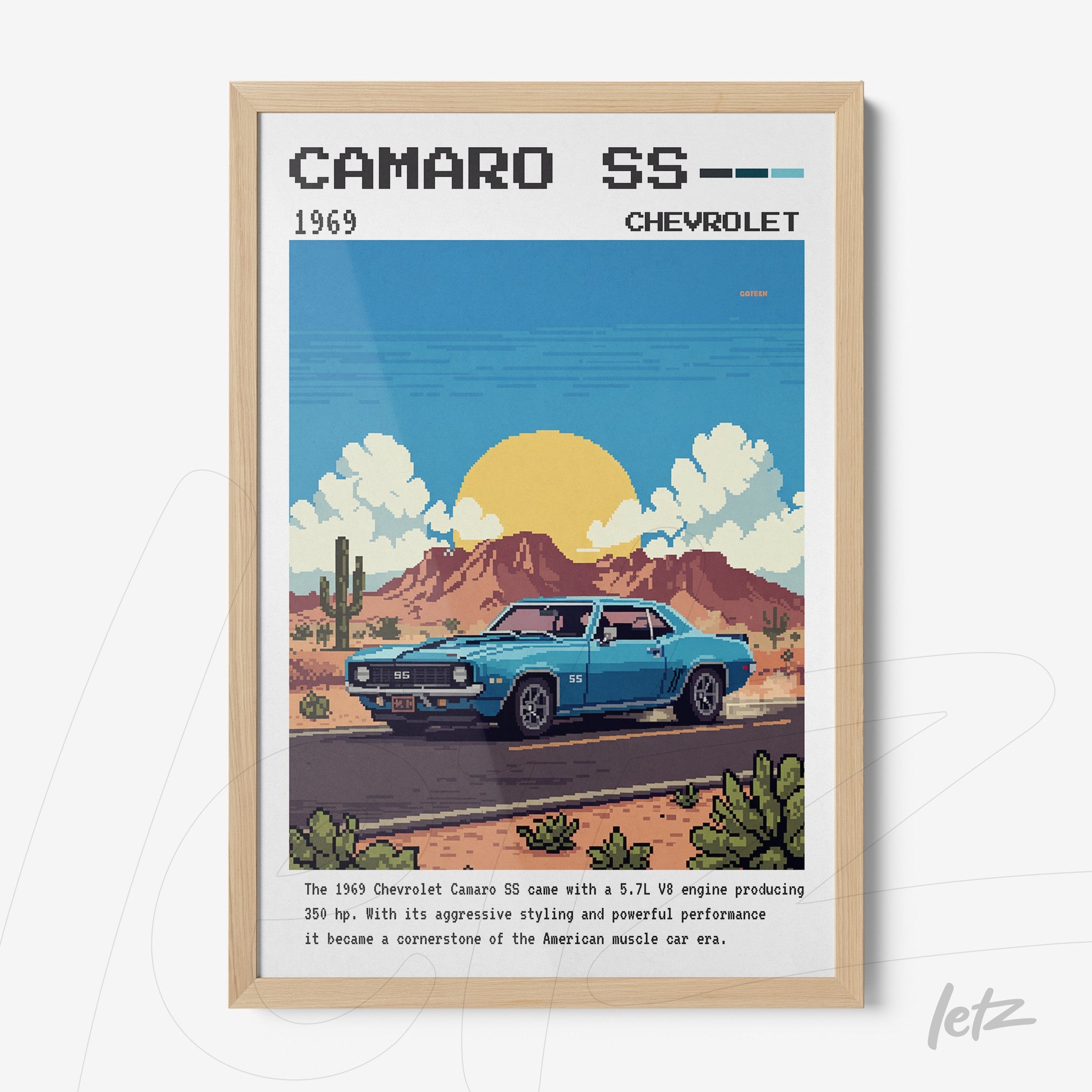 framed pixel art of a 1969 Chevrolet Camaro SS showcased in a desert with mountains and sunset in the background