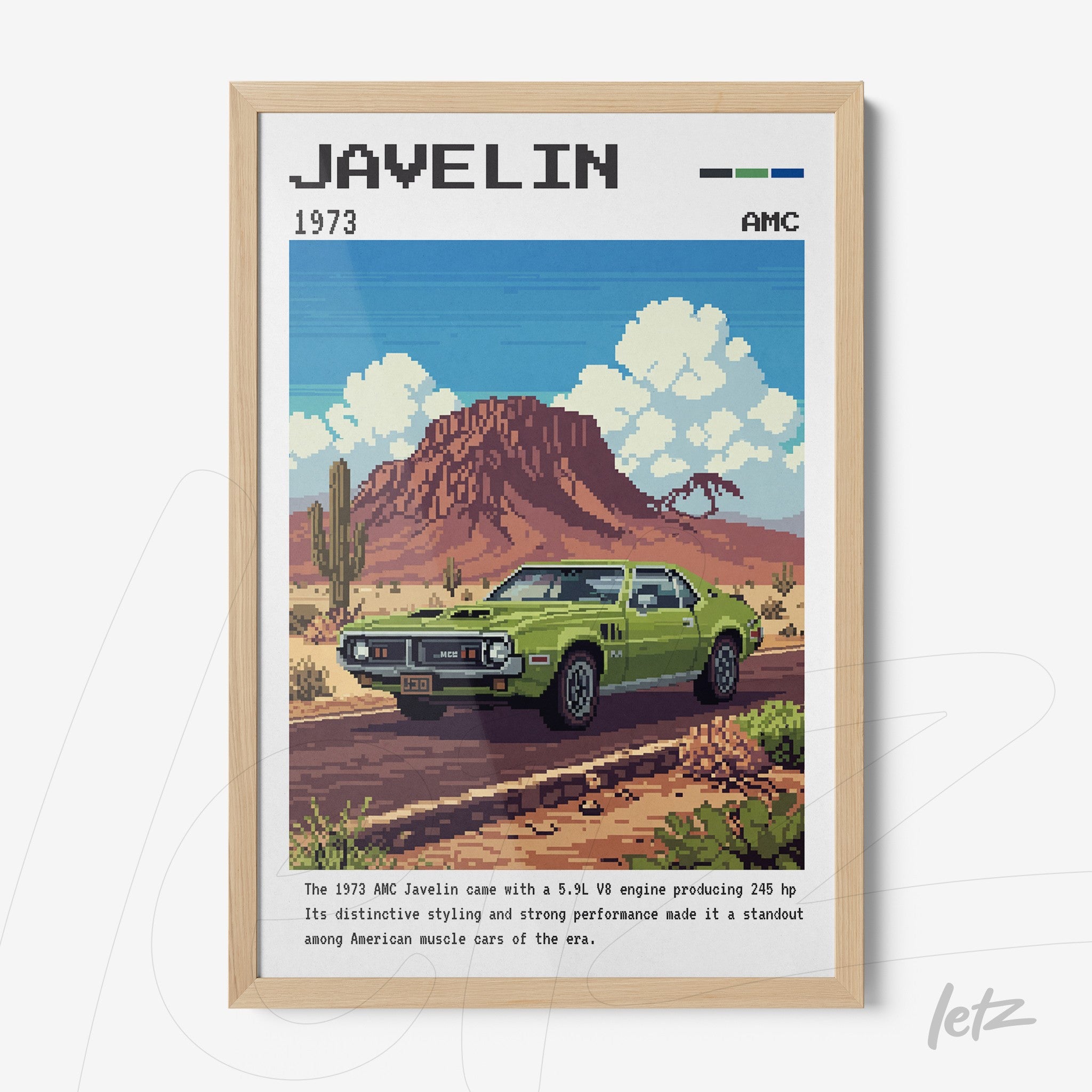 framed wall art featuring pixel art of a 1973 Javelin car against a desert backdrop with red mountains