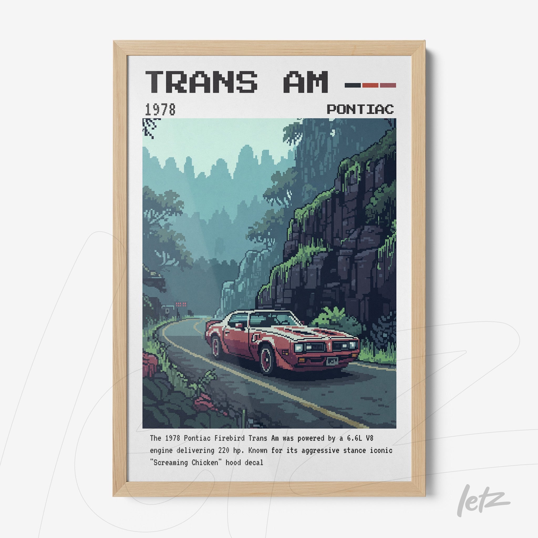 framed pixel art of 1978 Pontiac Trans Am car in mountainous landscape