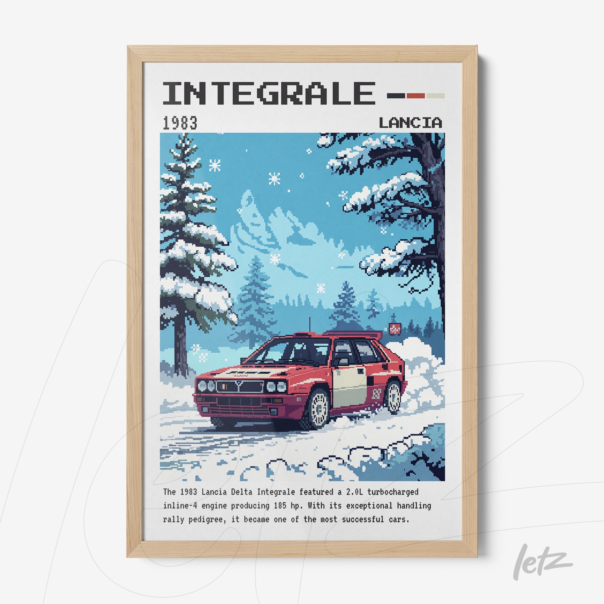 framed wall art featuring pixelated illustration of Lancia Delta Integrale in snowy landscape