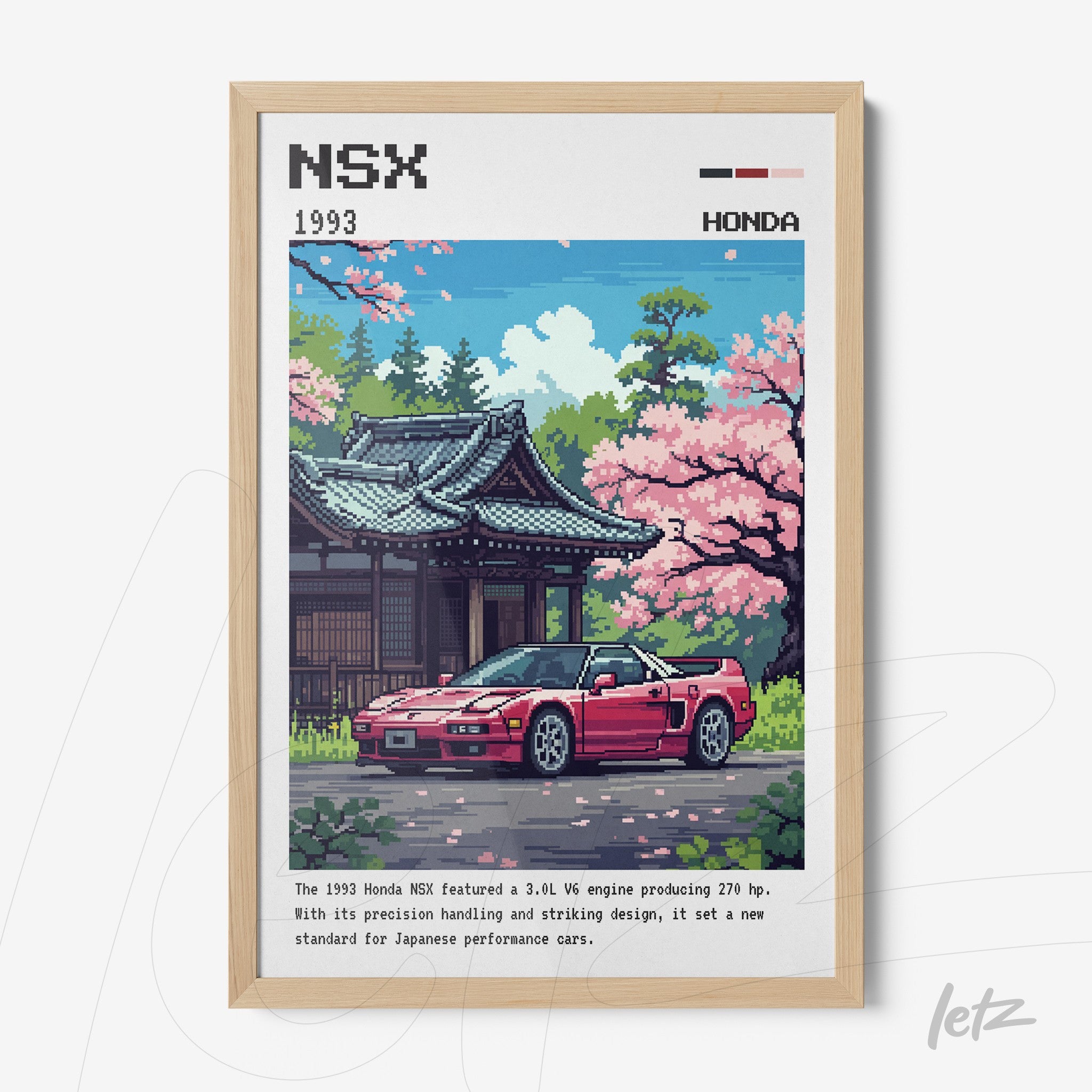 pixel art print of Honda NSX in front of Japanese architecture with cherry blossoms, light wood frame