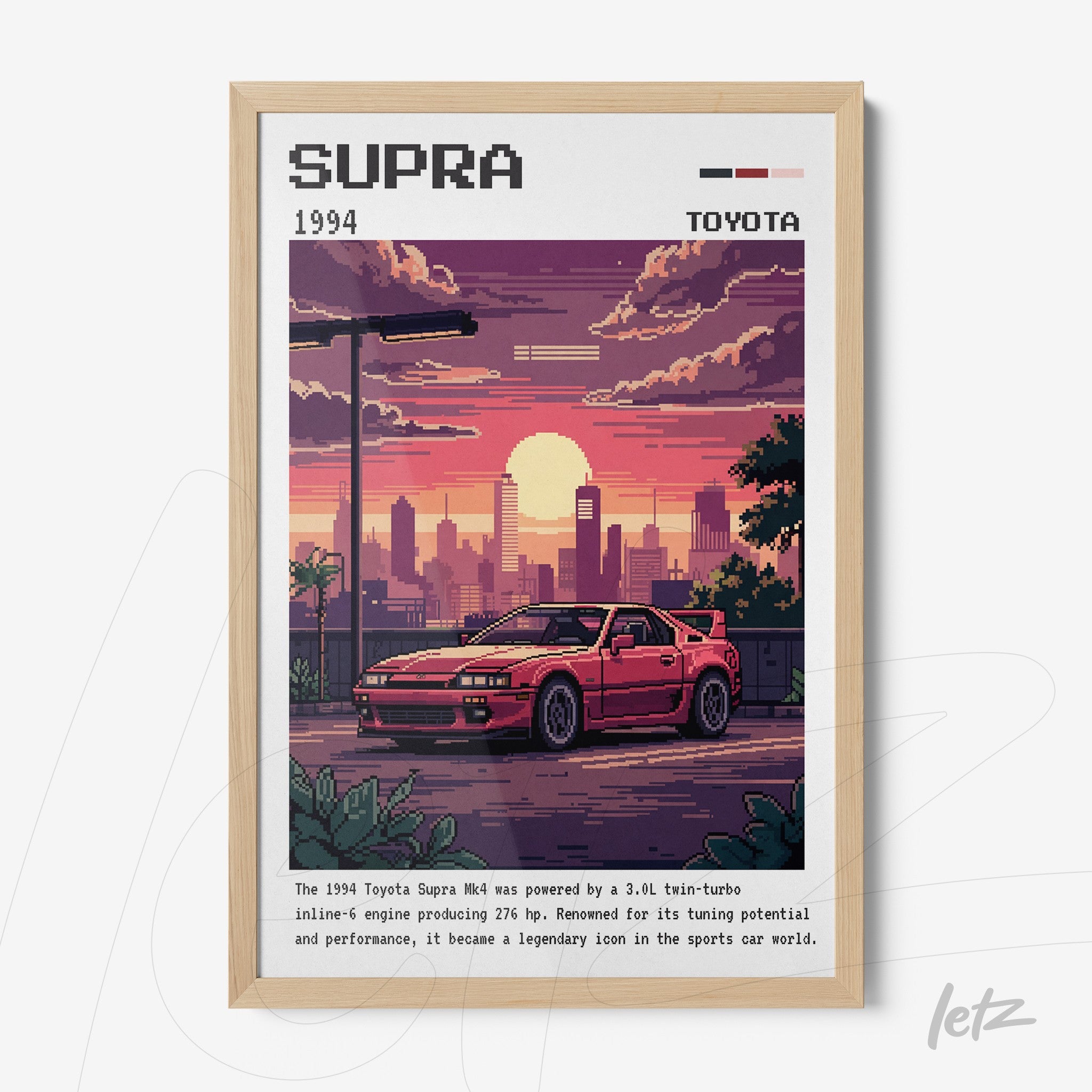 pixel art print of 1994 Toyota Supra in light wood frame