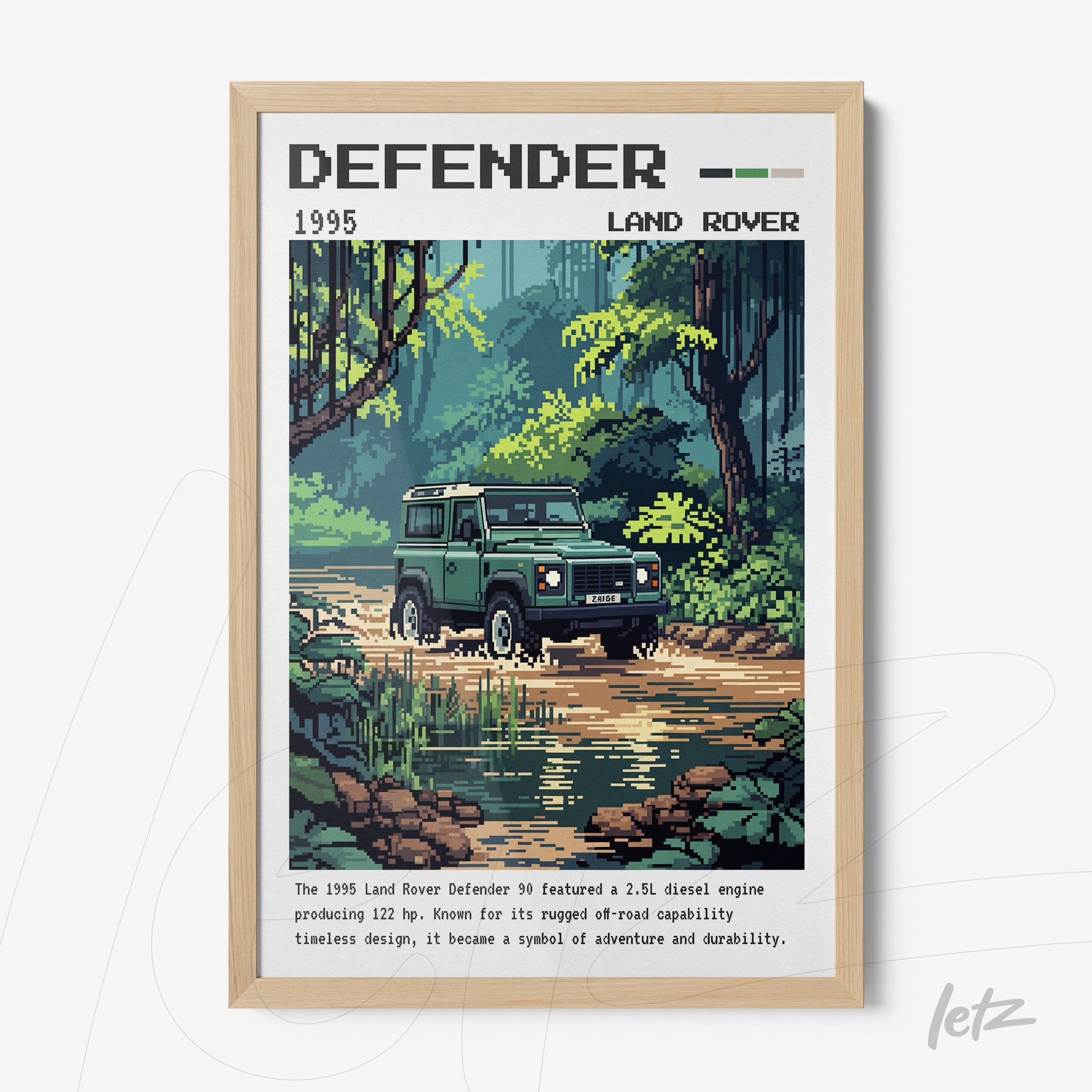 framed pixel art of 1995 Land Rover Defender with light wood frame