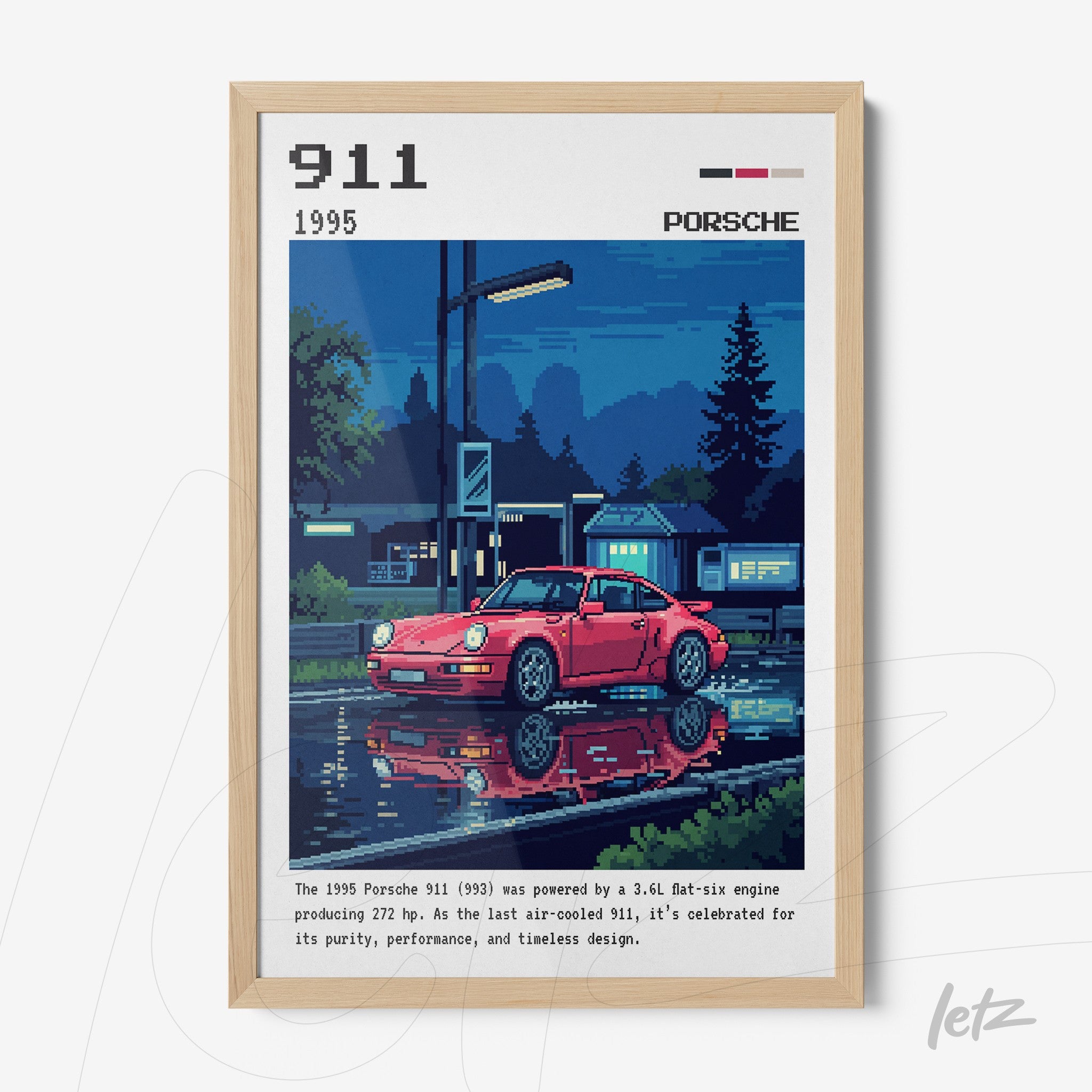 framed pixel art of a 1995 Porsche 911 with nighttime background and reflections on water