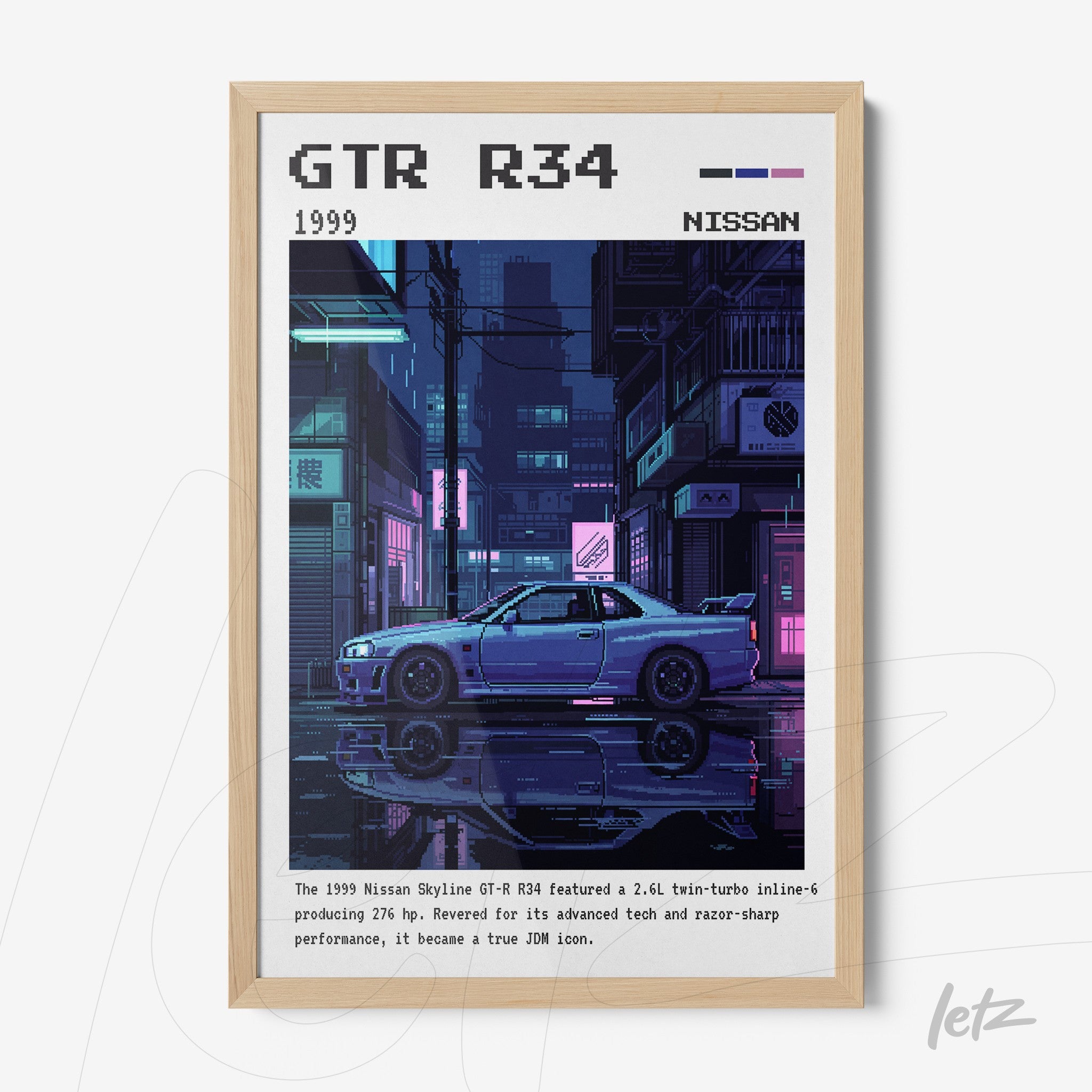 framed wall art featuring a digital illustration of a Nissan GT-R R34 in a neon urban setting with a light wood frame