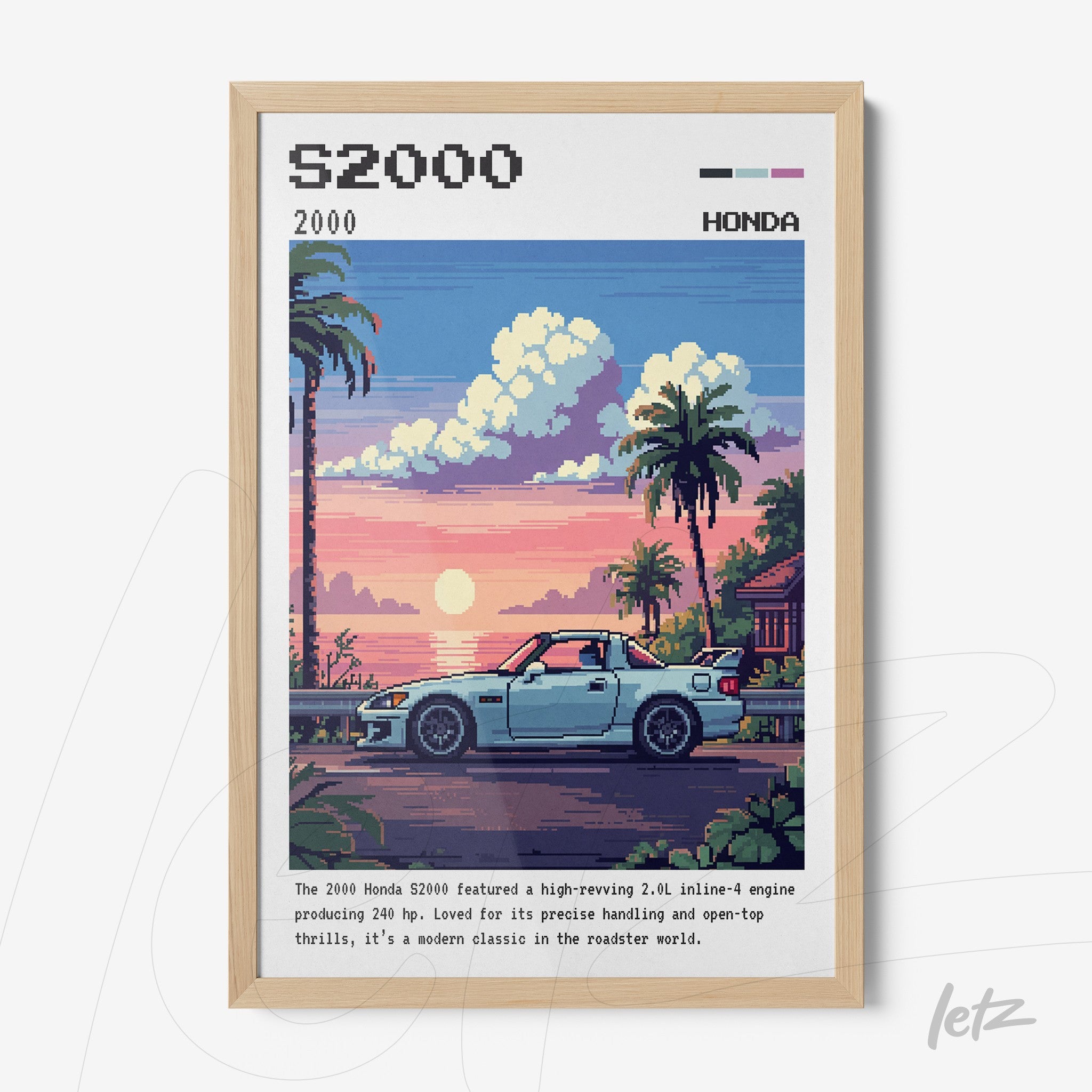 framed pixel art of Honda S2000 against sunset backdrop with light wood frame