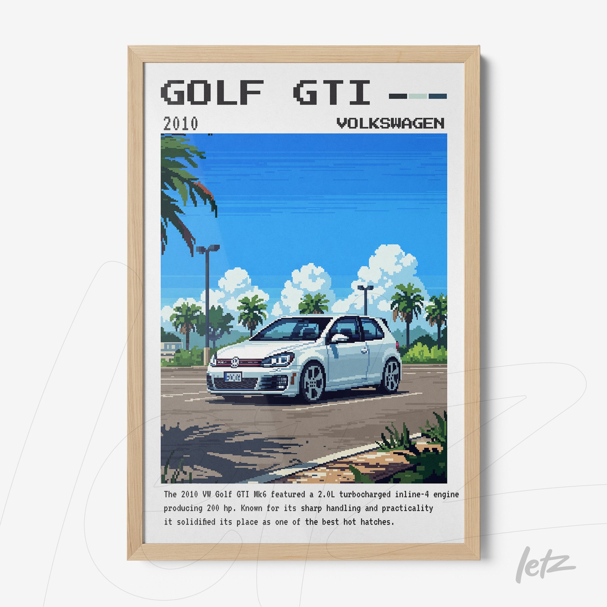 pixel art of Volkswagen Golf GTI against a light background with a light wood frame