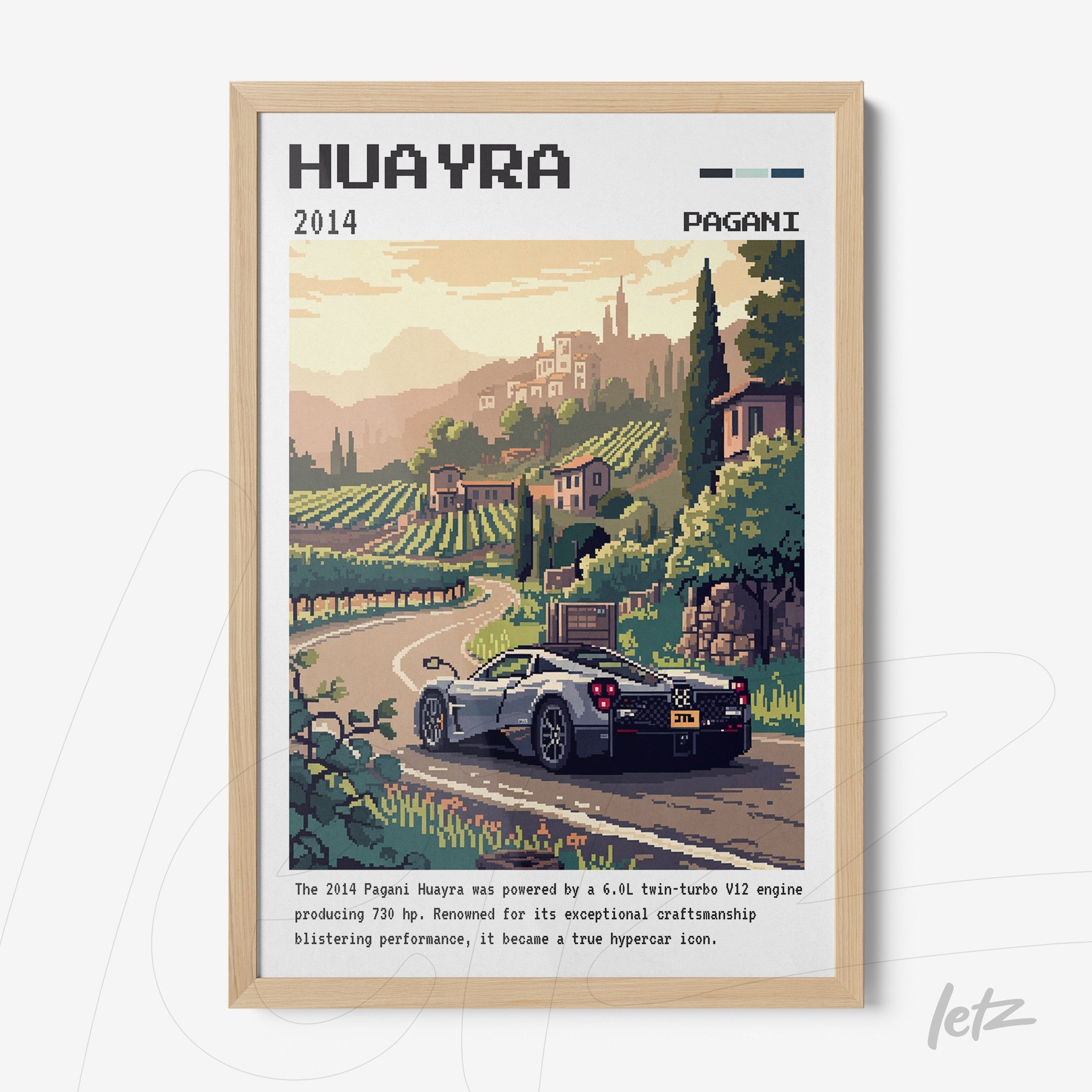 framed pixel art illustration of a Pagani Huayra car on a road surrounded by vineyards and mountains in the background