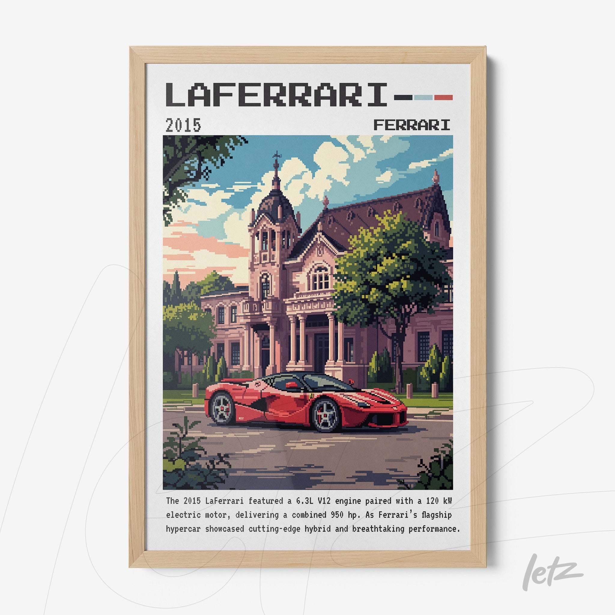 framed pixel art of LaFerrari car parked in front of a classic mansion