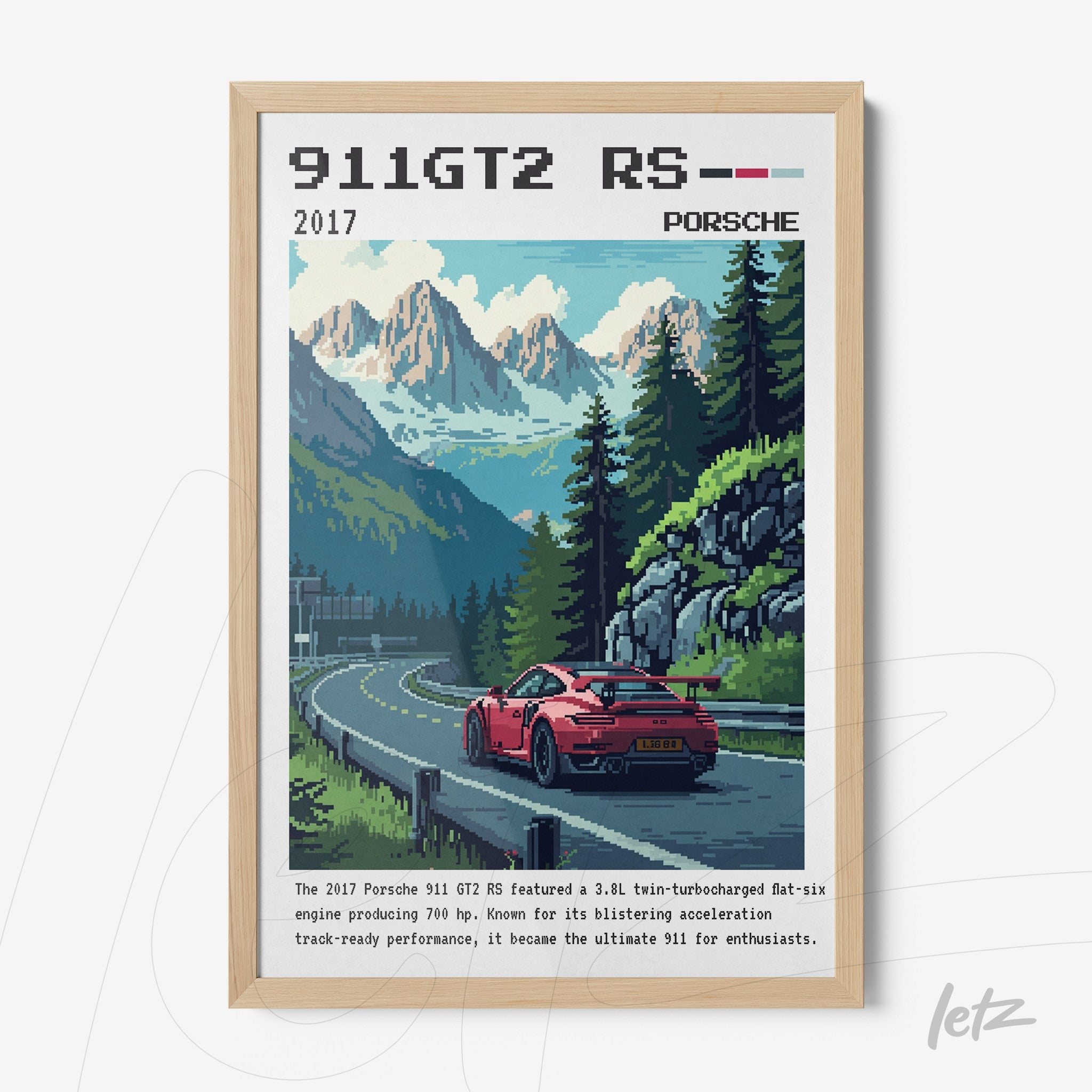 framed wall art featuring a digital illustration of a Porsche 911 GT2 RS sports car on a mountainous road with forests and mountains in the background