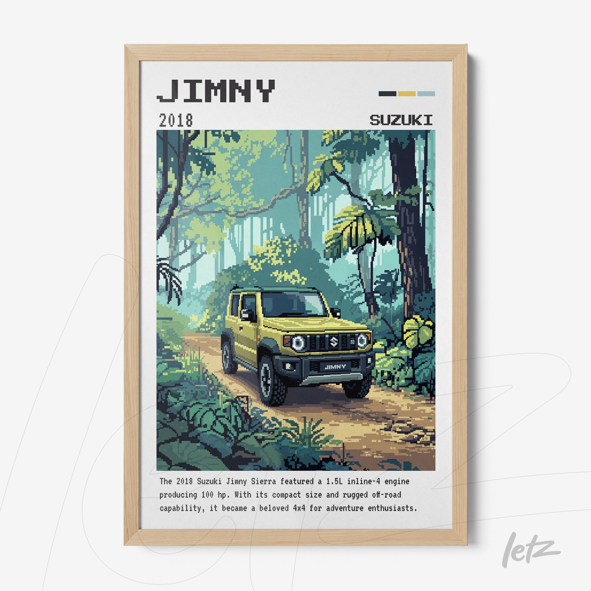 framed retro digital art of a yellow Suzuki Jimny car in a tropical forest scene with light wood frame