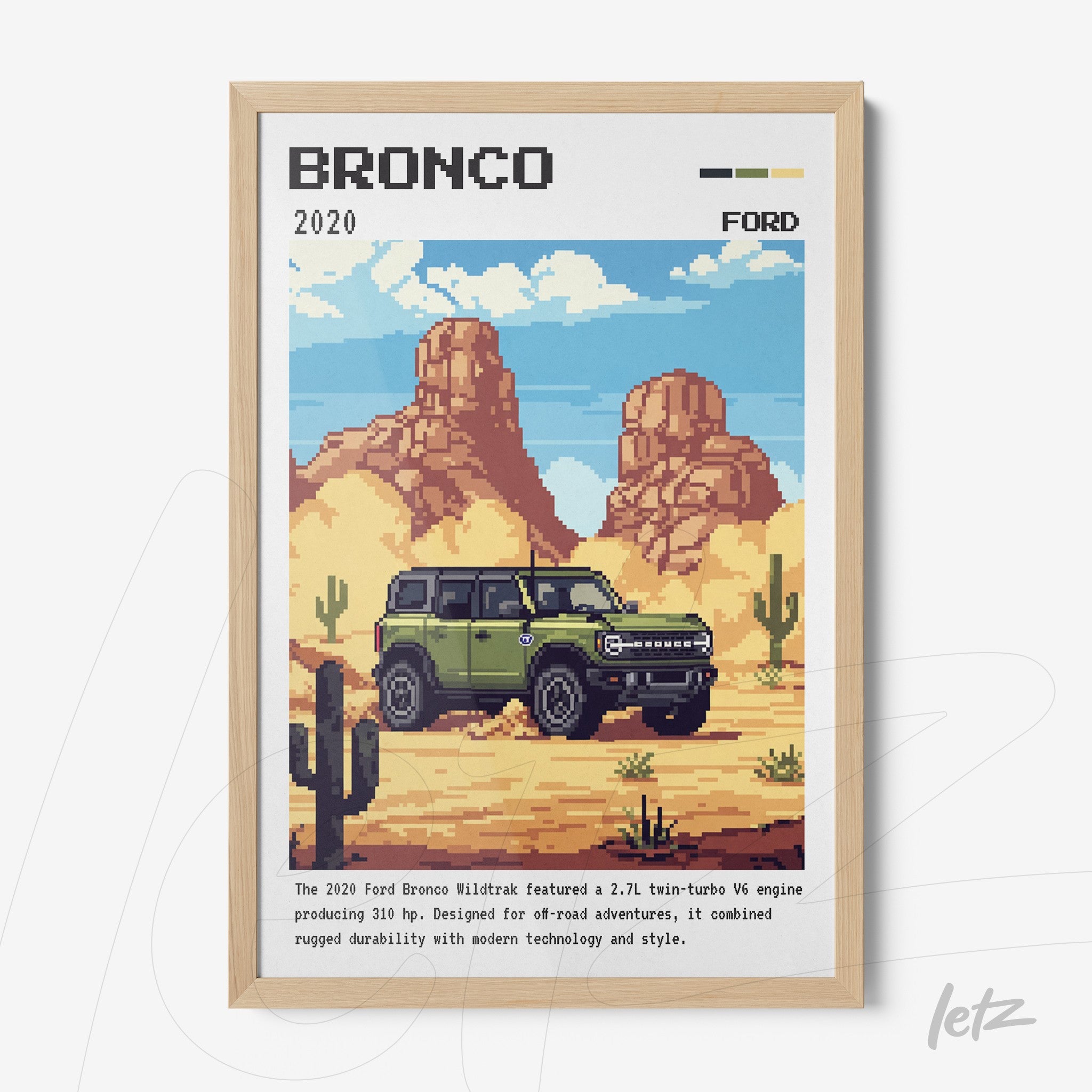 framed pixel art illustration of a green Ford Bronco in a barren desert landscape with mountains in the background and cacti